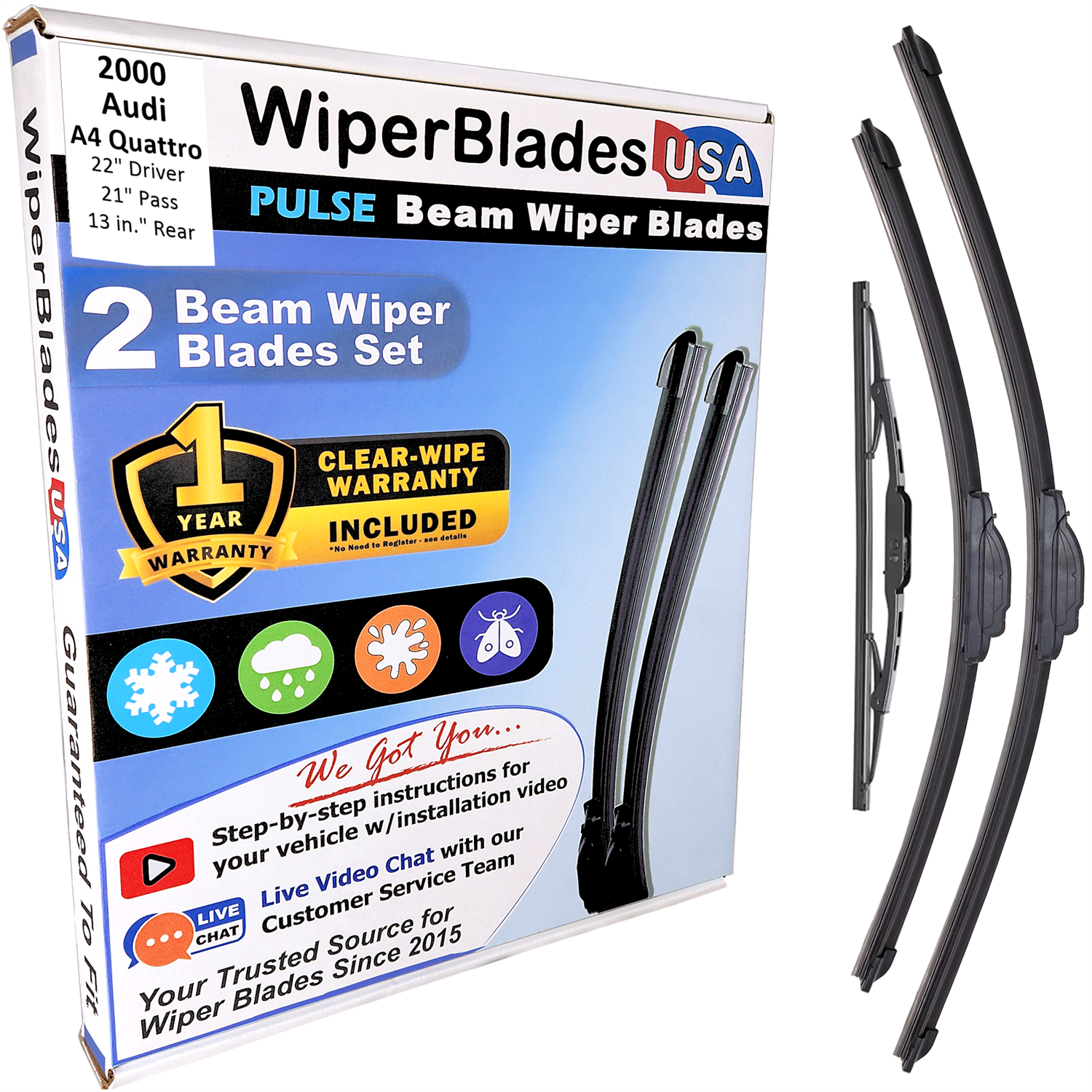 Wiper blades set for 2000 Audi A4 Quattro including rear wiper with 1yr Warranty - WiperBladesUSA - Size Correct