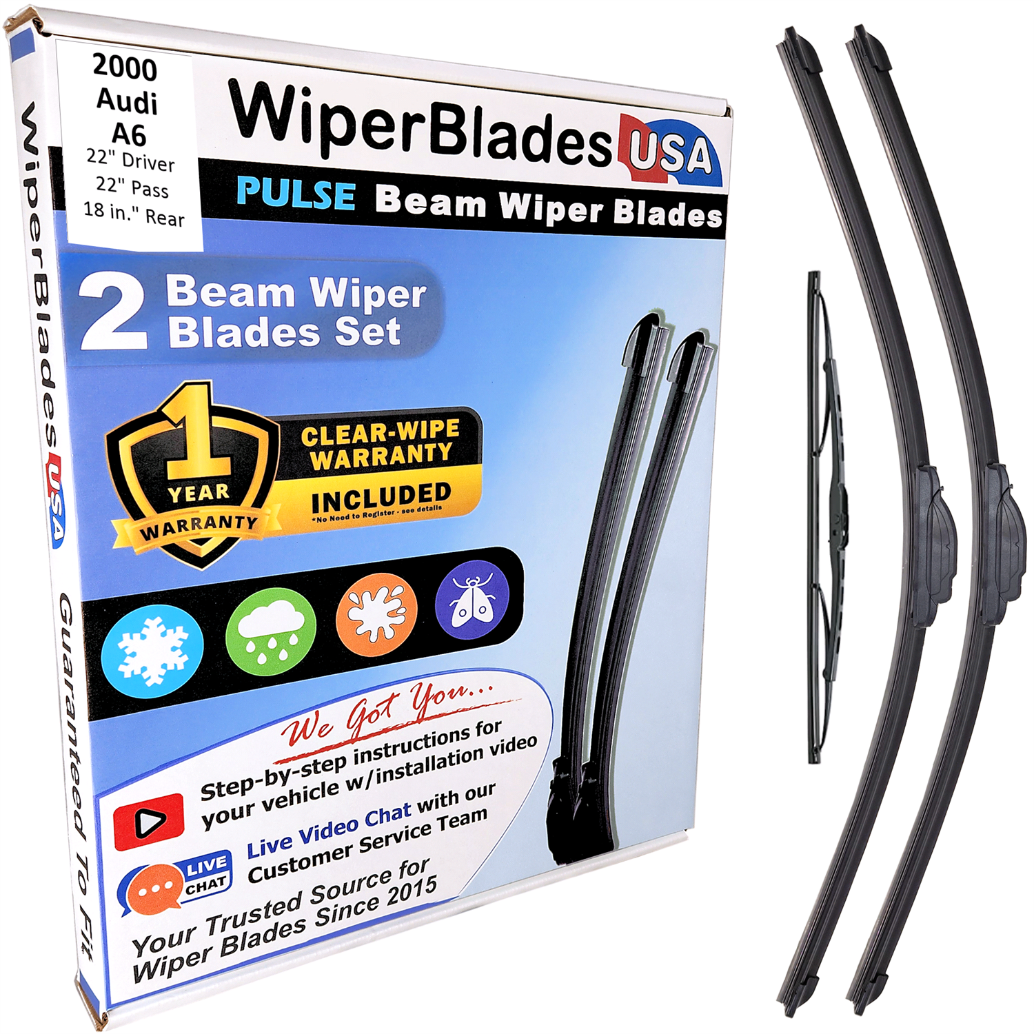 Wiper blades set for 2000 Audi A6 including rear wiper with 1yr Warranty - WiperBladesUSA - Size Correct