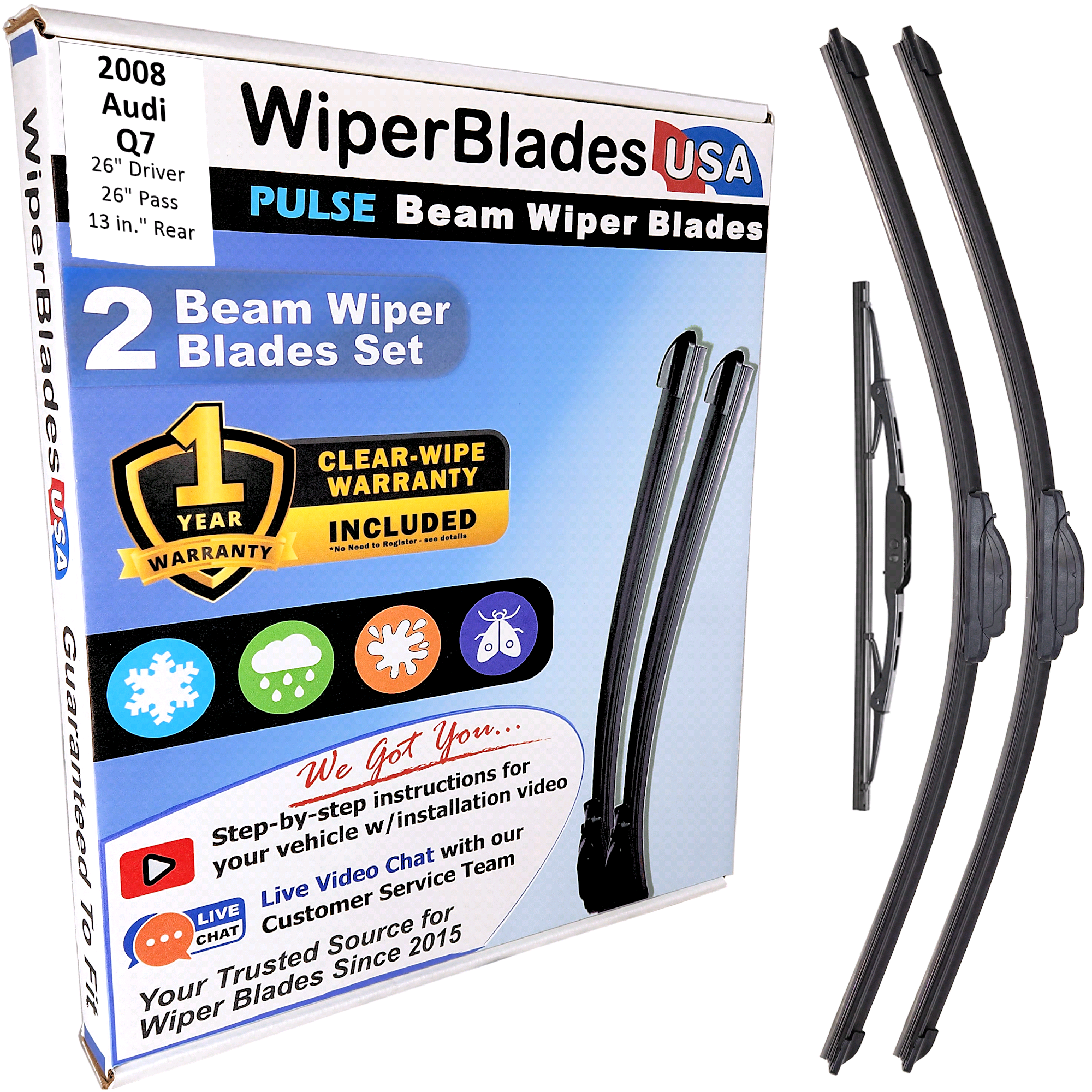 Wiper blades set for 2008 Audi Q7 including rear wiper with 1yr Warranty - WiperBladesUSA - Size Correct