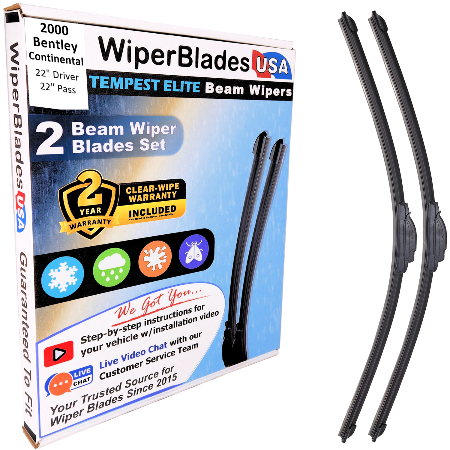 Wiper blades set for 2000 Bentley Continental with 2yr Warranty - WiperBladesUSA - Size Correct