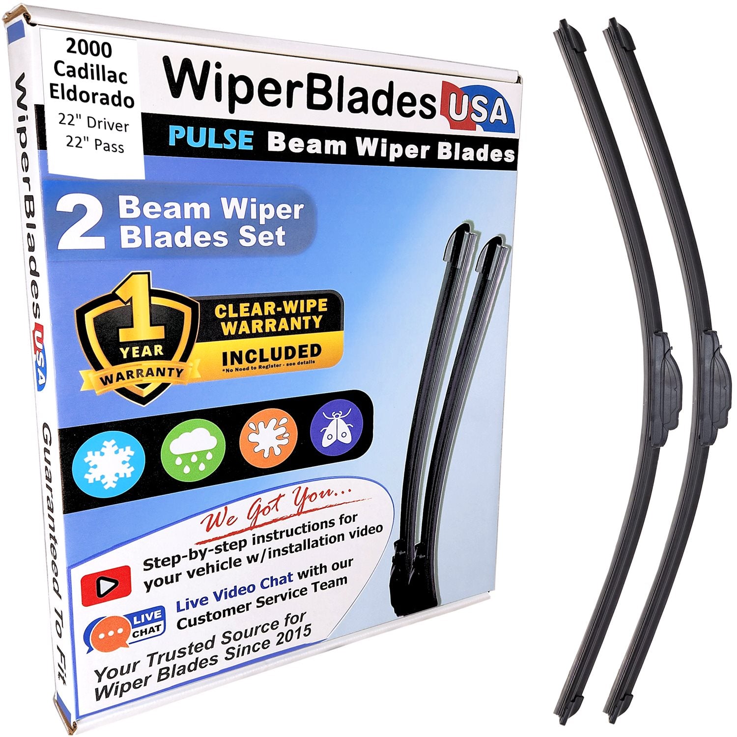 Wiper blades set for 2000 Cadillac Eldorado with 1yr Warranty - WiperBladesUSA - Size Correct