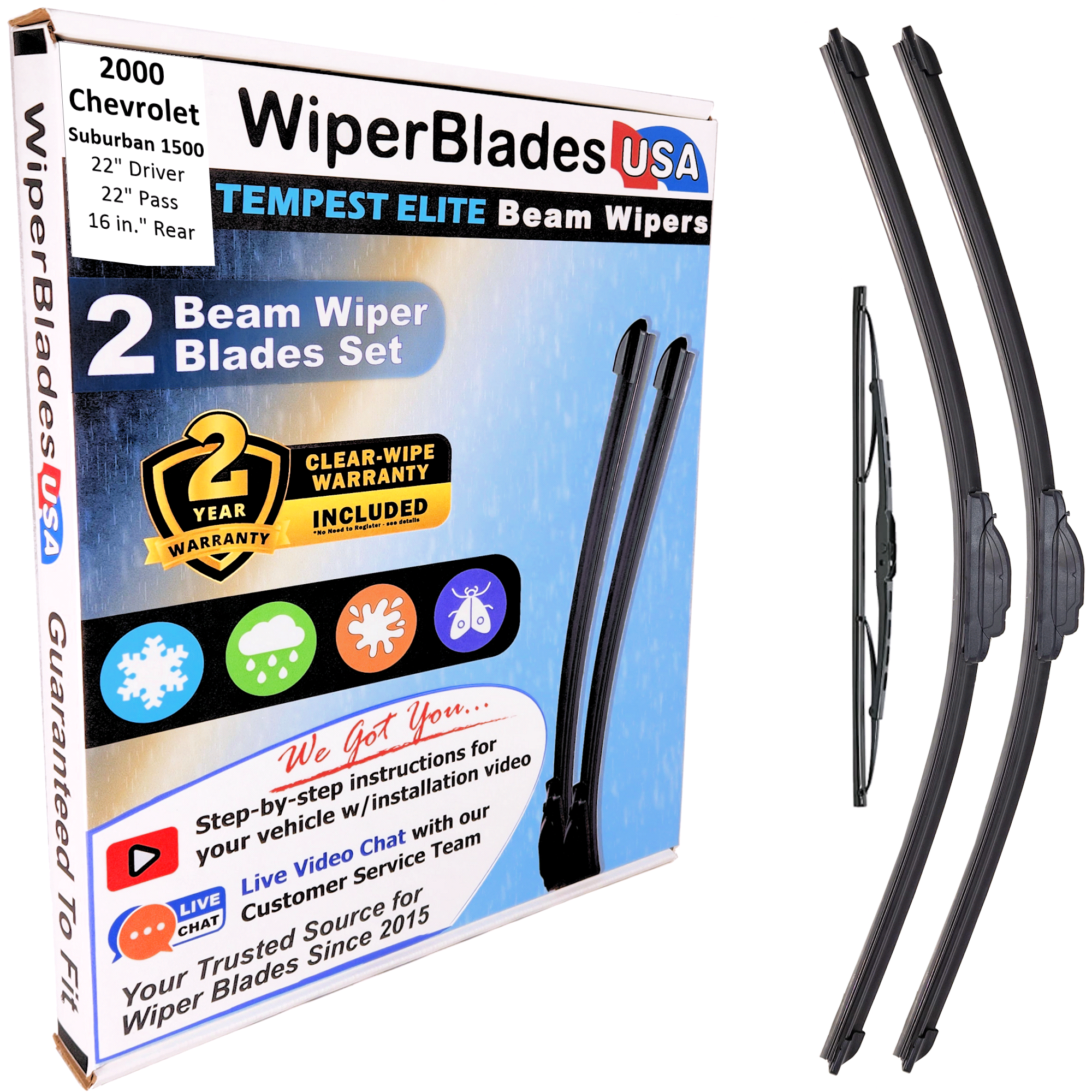 Wiper blades set for 2000 Chevrolet Suburban 1500 including rear wiper with 2yr Warranty - WiperBladesUSA - Size Correct