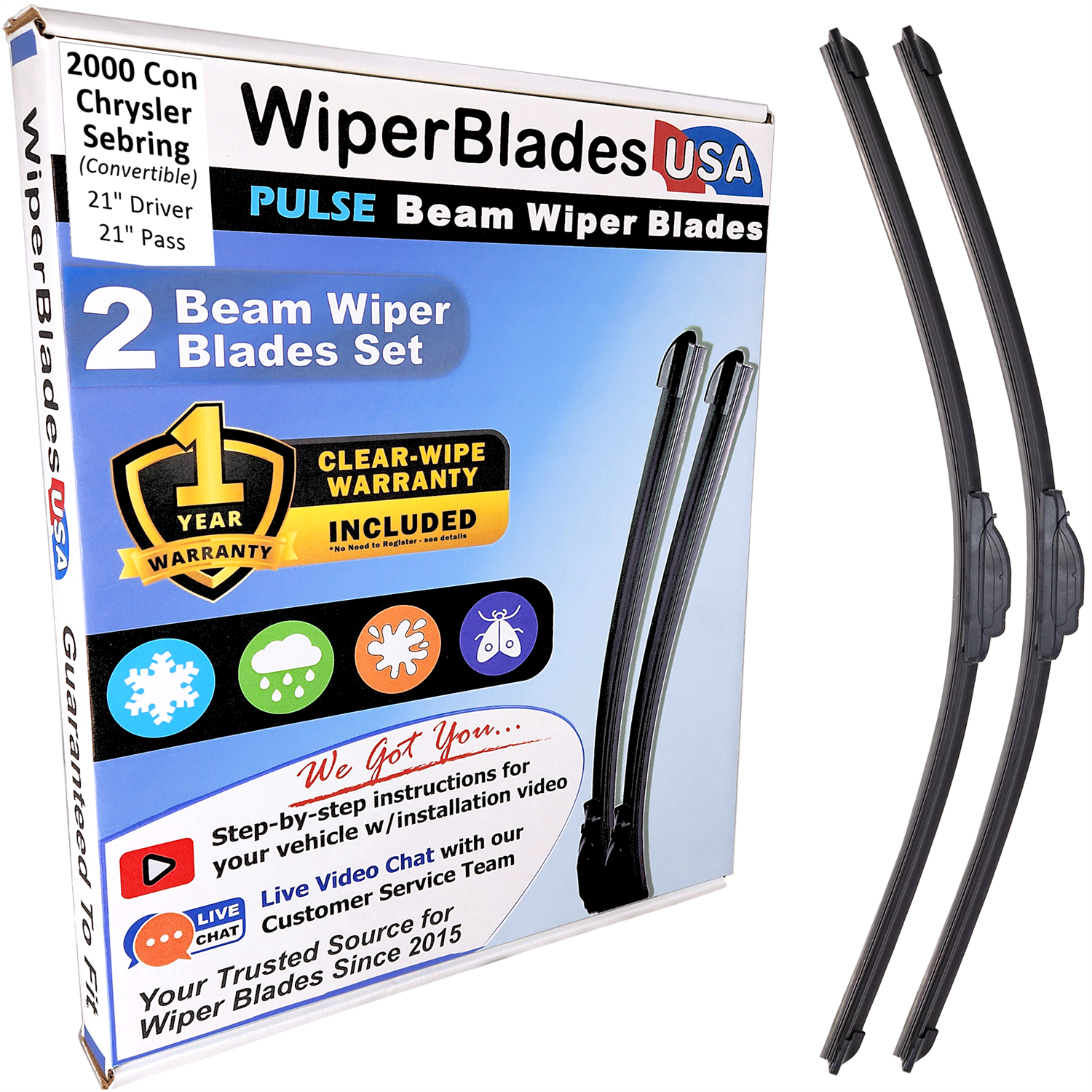 Wiper blades set for 2000 Chrysler Sebring with 1yr Warranty - WiperBladesUSA - Size Correct