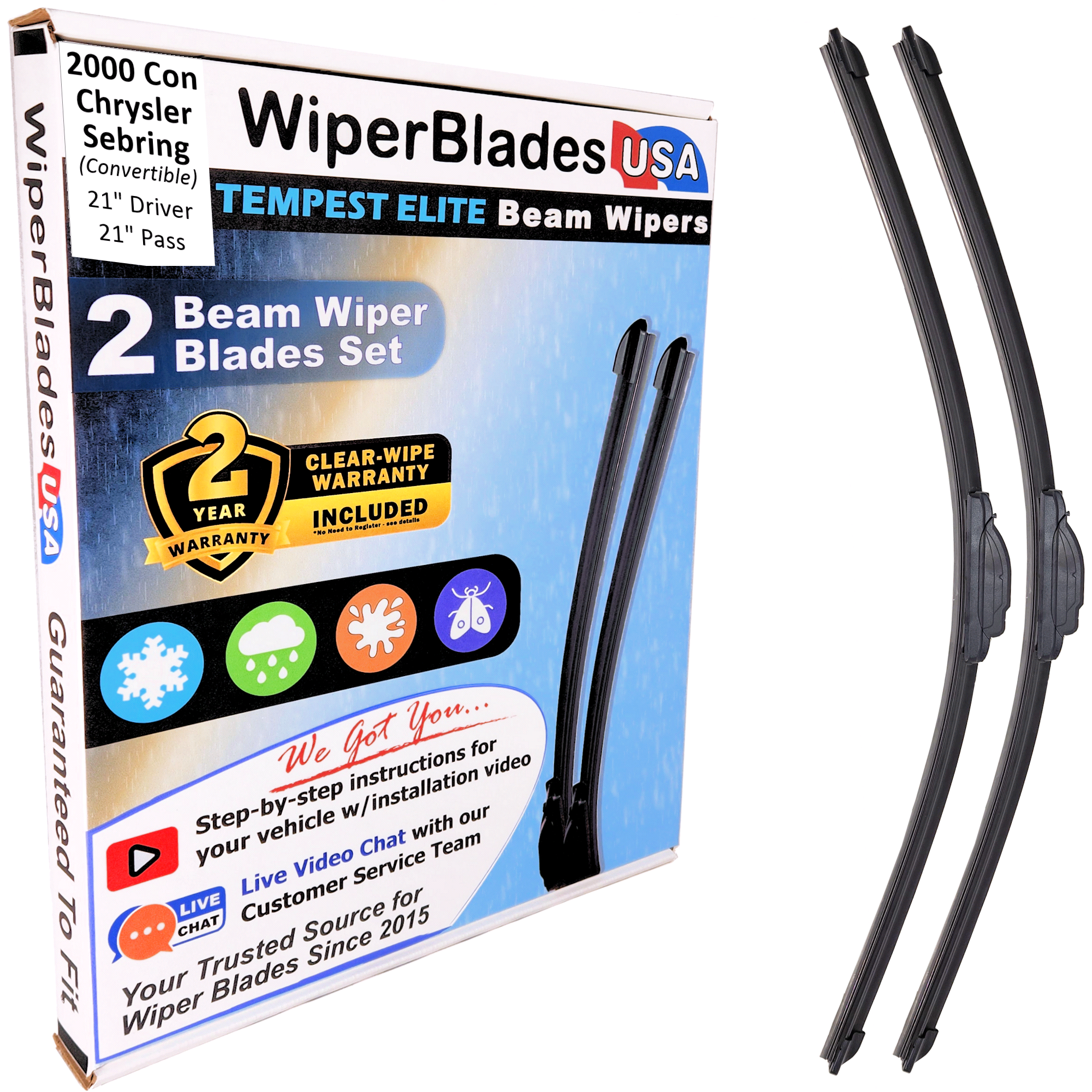 Wiper blades set for 2000 Chrysler Sebring with 2yr Warranty - WiperBladesUSA - Size Correct