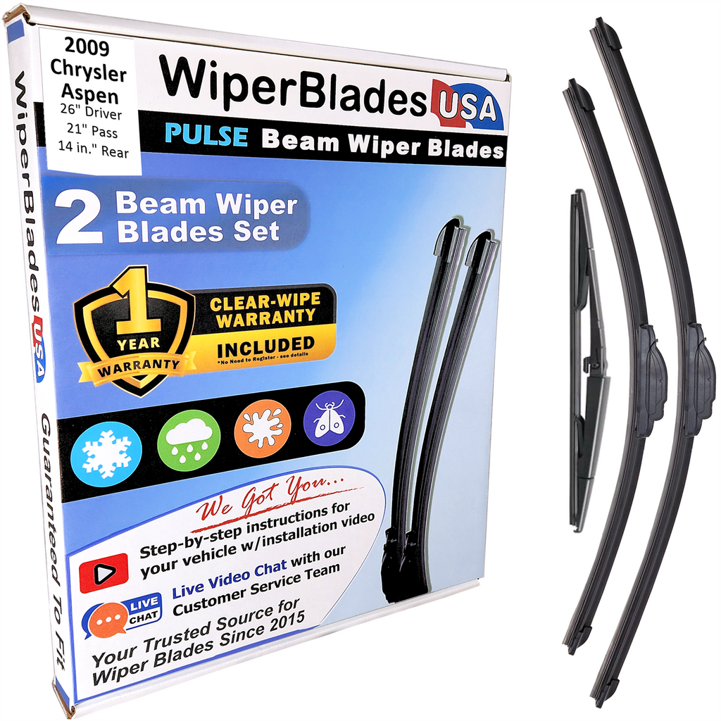 Wiper blades set for 2009 Chrysler Aspen including rear wiper with 1yr Warranty - WiperBladesUSA - Size Correct