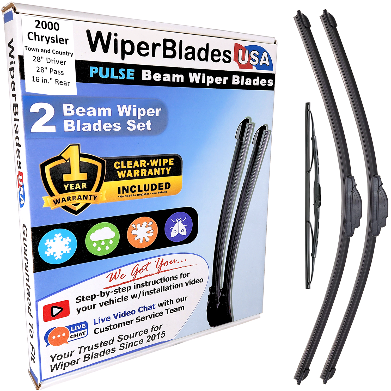 Wiper blades set for 2000 Chrysler Town and Country including rear wiper with 1yr Warranty - WiperBladesUSA - Size Correct