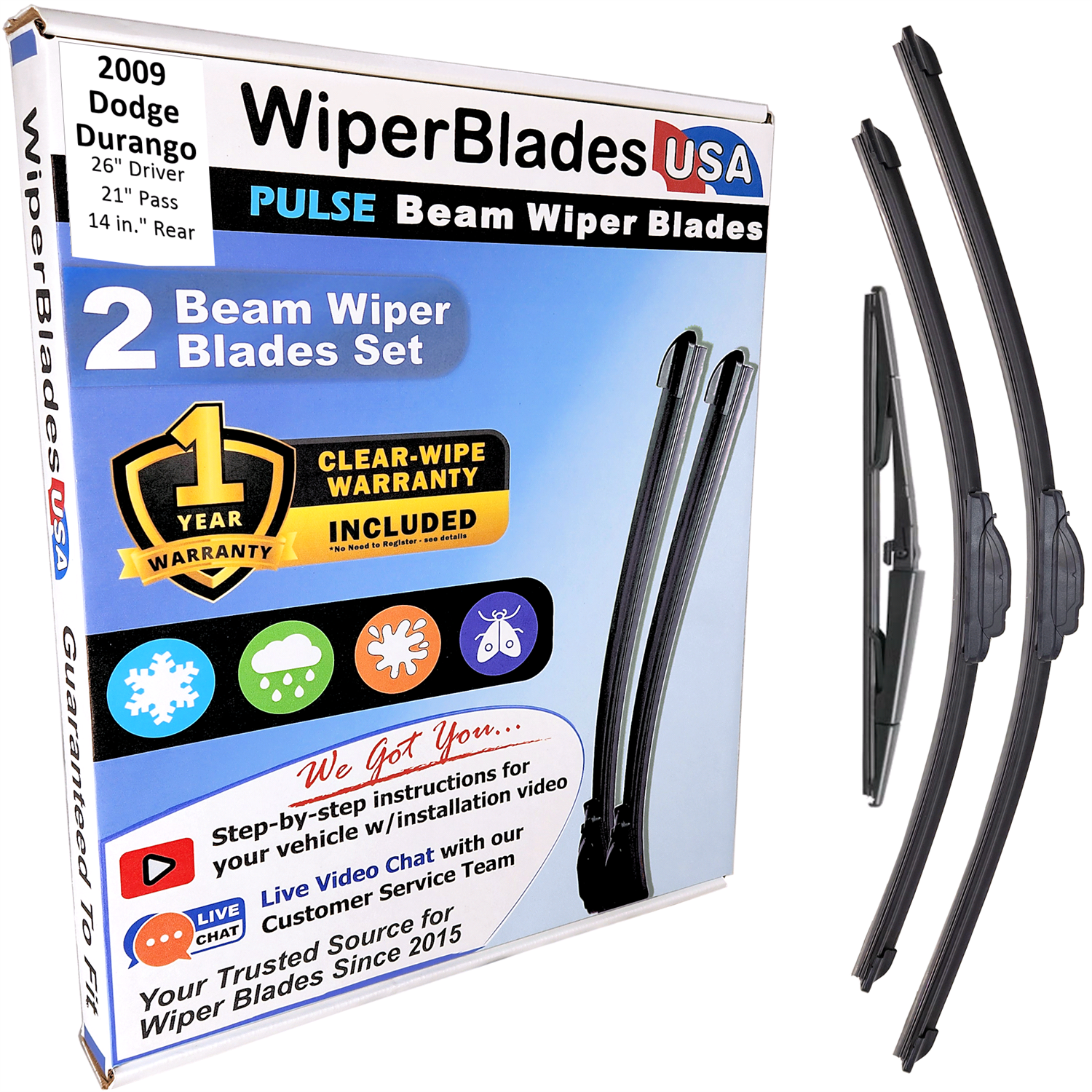 Wiper blades set for 2009 Dodge Durango including rear wiper with 1yr Warranty - WiperBladesUSA - Size Correct