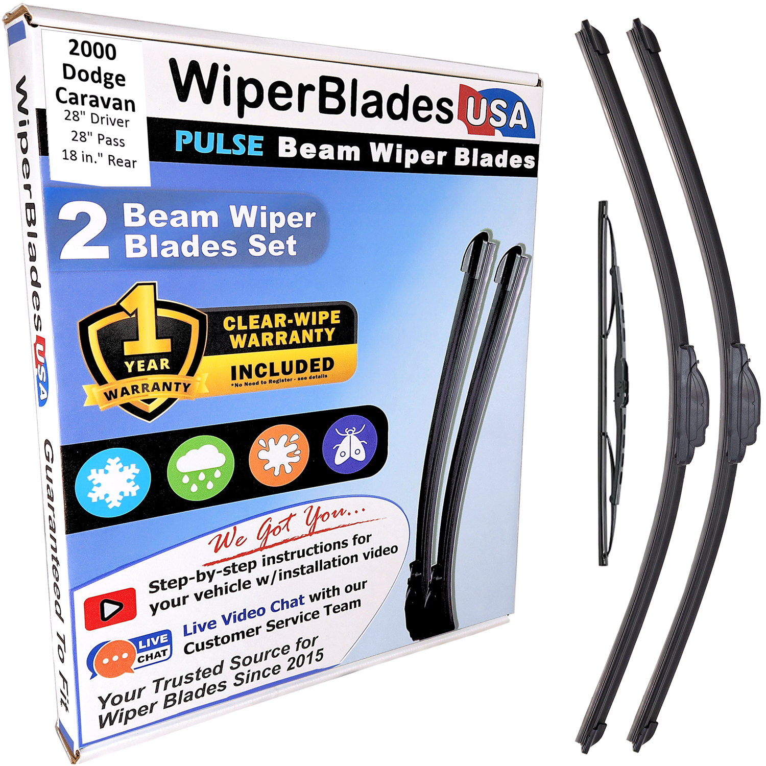 Wiper blades set for 2000 Dodge Caravan including rear wiper with 1yr Warranty - WiperBladesUSA - Size Correct