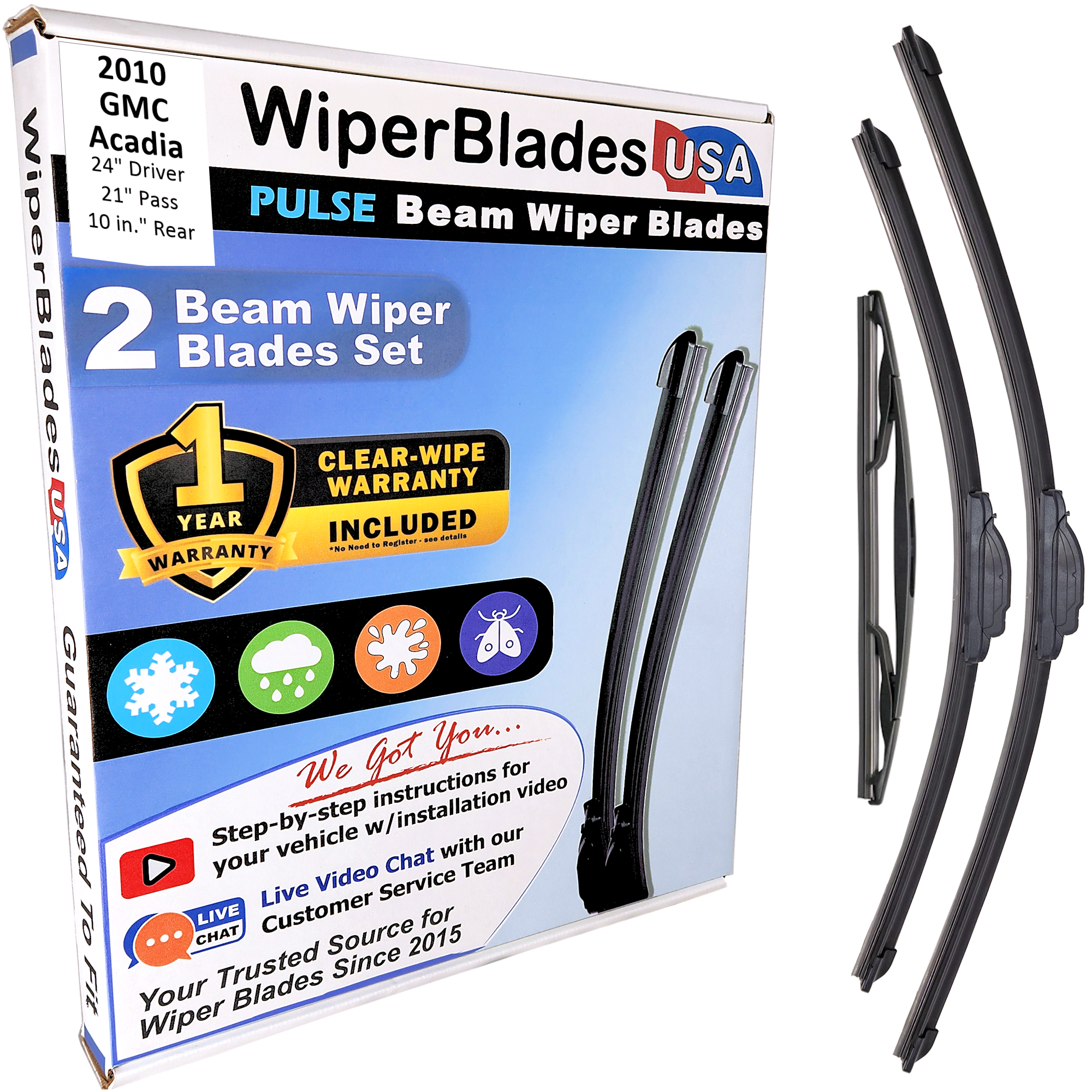 Wiper blades set for 2010 GMC Acadia including rear wiper with 1yr Warranty - WiperBladesUSA - Size Correct