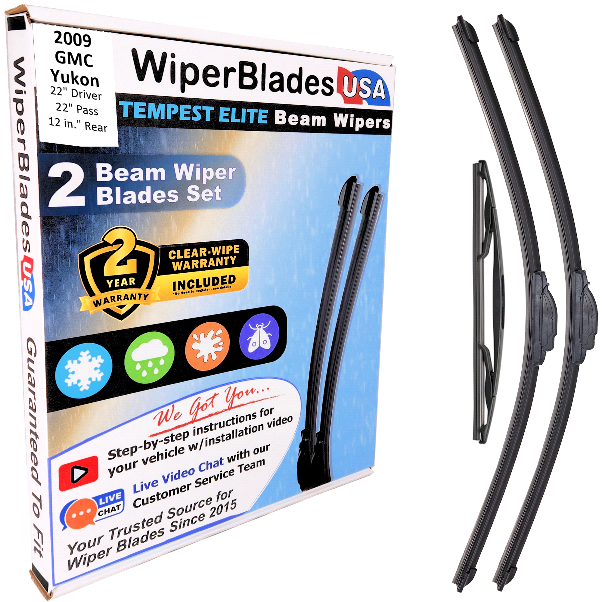 Wiper blades set for 2009 GMC Yukon including rear wiper with 2yr Warranty - WiperBladesUSA - Size Correct