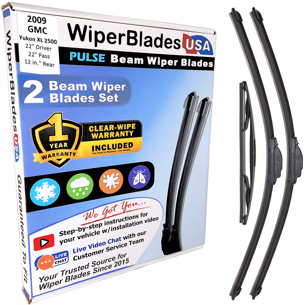 Wiper blades set for 2009 GMC Yukon XL 2500 including rear wiper with 1yr Warranty - WiperBladesUSA - Size Correct
