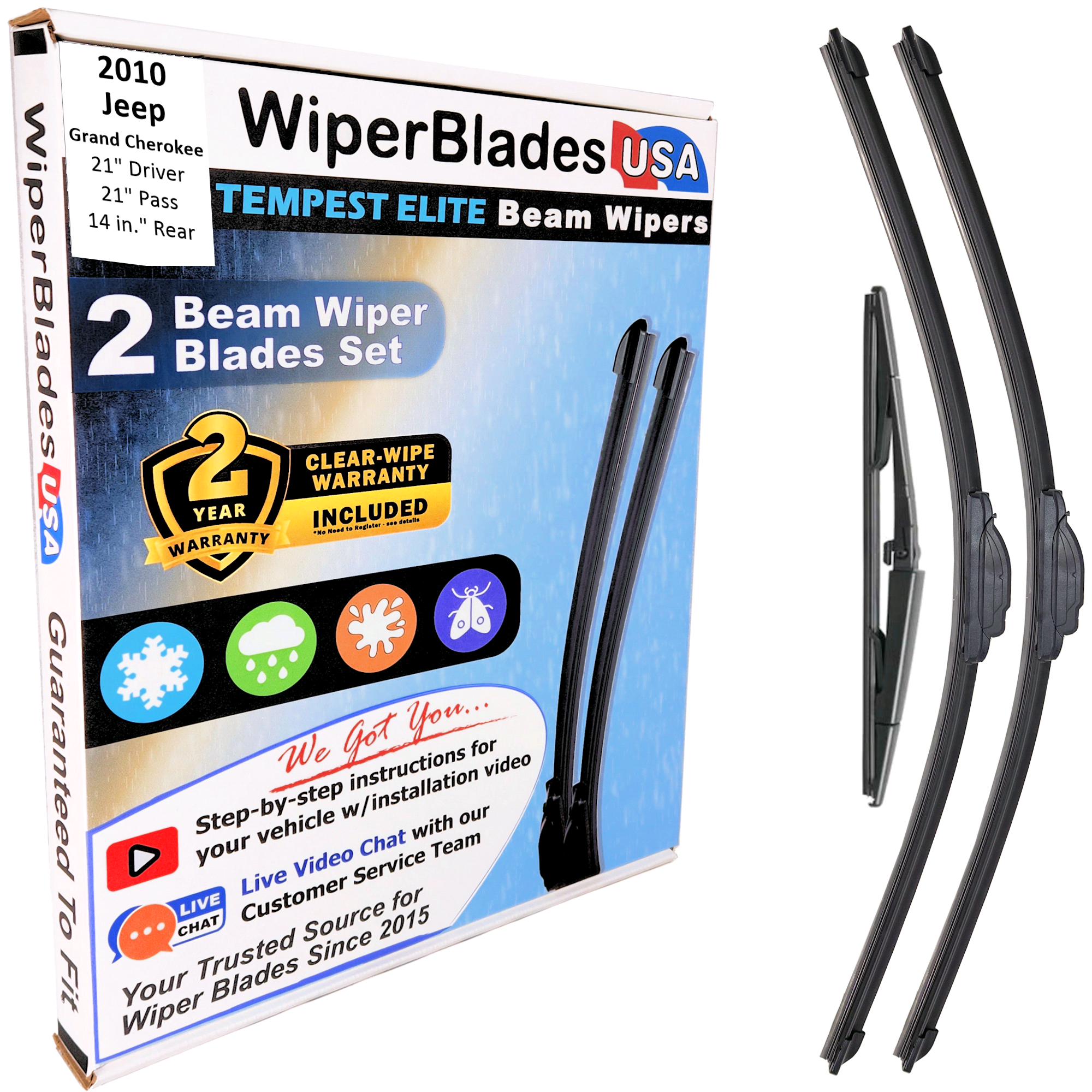 Wiper blades set for 2010 Jeep Grand Cherokee including rear wiper with 2yr Warranty - WiperBladesUSA - Size Correct