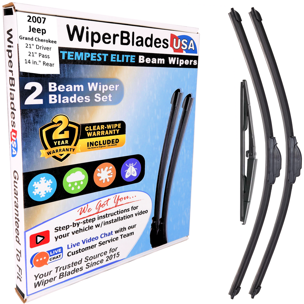 Wiper blades set for 2007 Jeep Grand Cherokee including rear wiper with 2yr Warranty - WiperBladesUSA - Size Correct