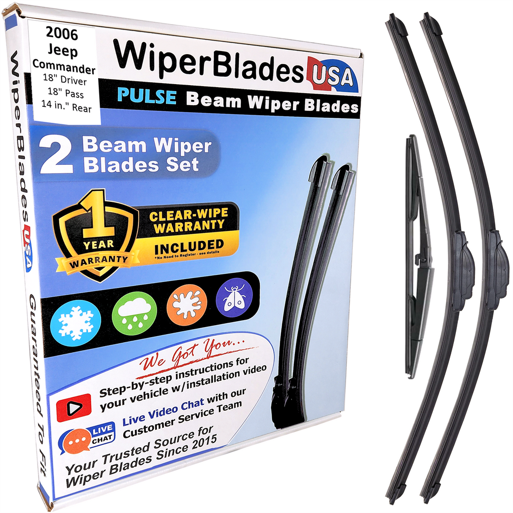 Wiper blades set for 2006 Jeep Commander including rear wiper with 1yr Warranty - WiperBladesUSA - Size Correct