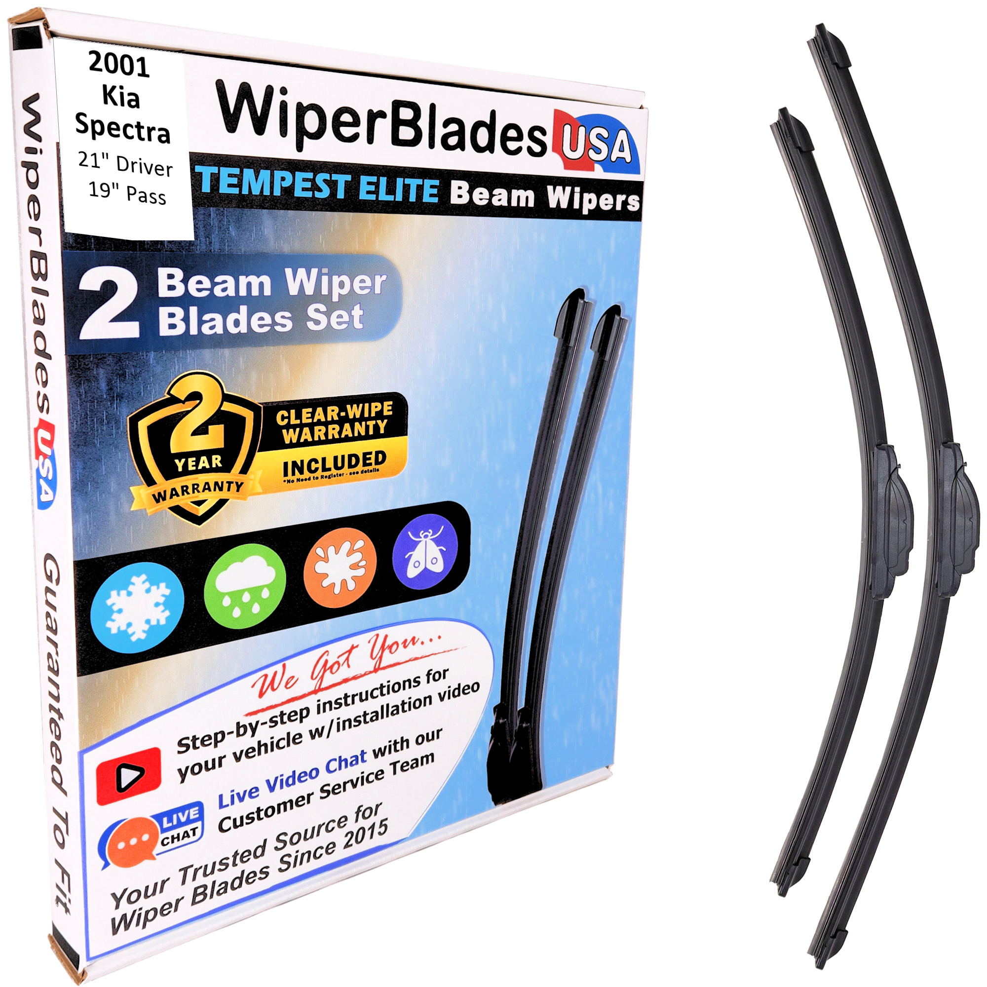 Wiper blades set for 2001 Kia Spectra with 2yr Warranty - WiperBladesUSA - Size Correct