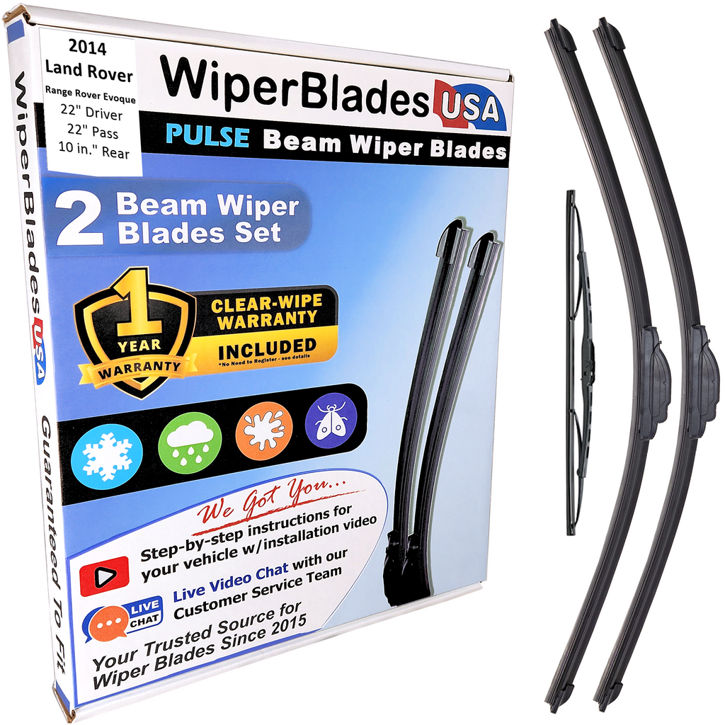 Wiper blades set for 2014 Land Rover Range Rover Evoque including rear wiper with 1yr Warranty - WiperBladesUSA - Size Correct