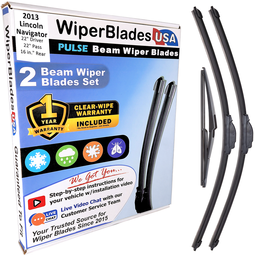 Wiper blades set for 2013 Lincoln Navigator including rear wiper with 1yr Warranty - WiperBladesUSA - Size Correct