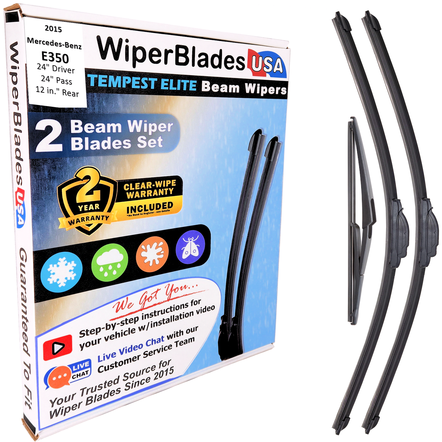 Wiper blades set for 2015 Mercedes-Benz E350 including rear wiper with 2yr Warranty - WiperBladesUSA - Size Correct