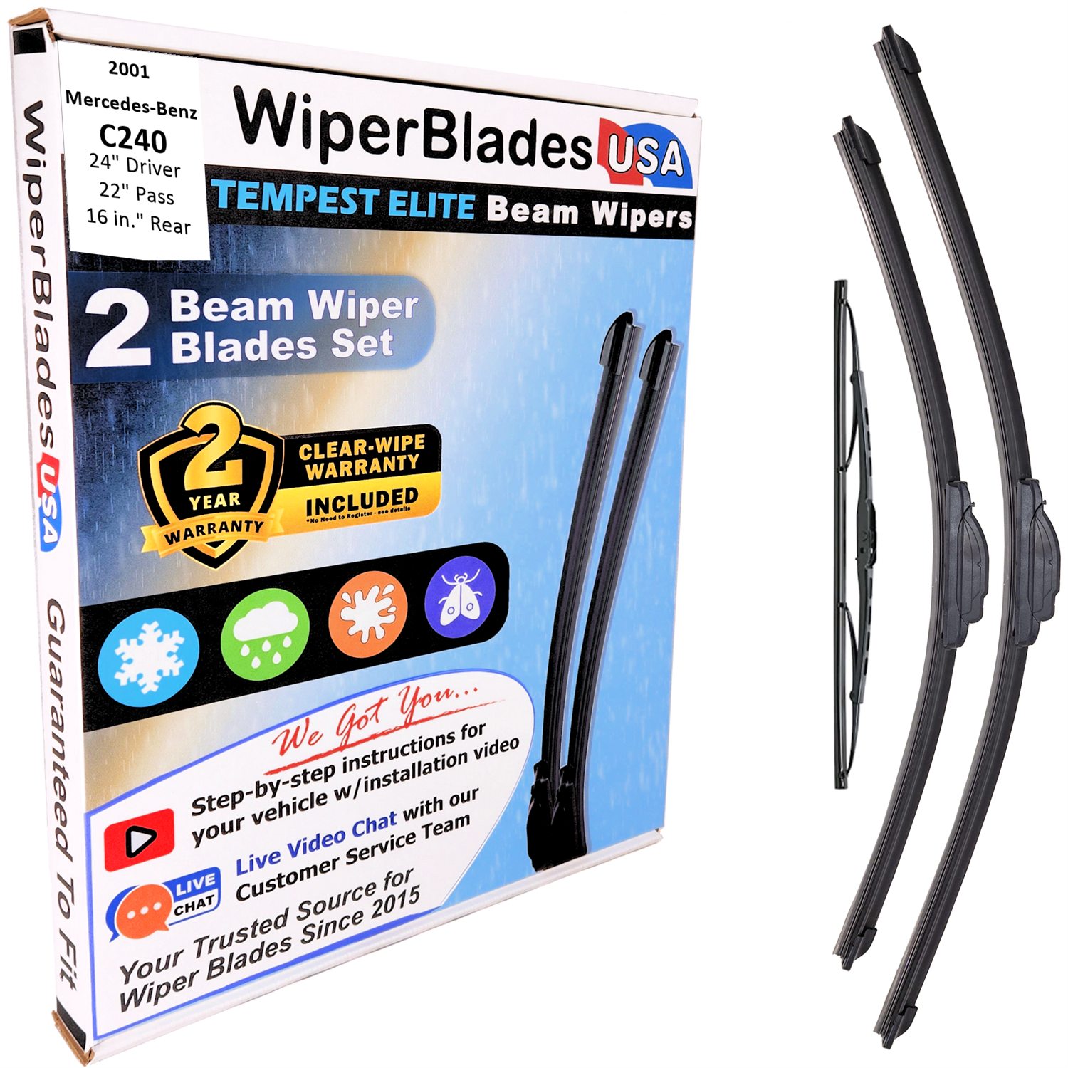 Wiper blades set for 2001 Mercedes-Benz C240 including rear wiper with 2yr Warranty - WiperBladesUSA - Size Correct