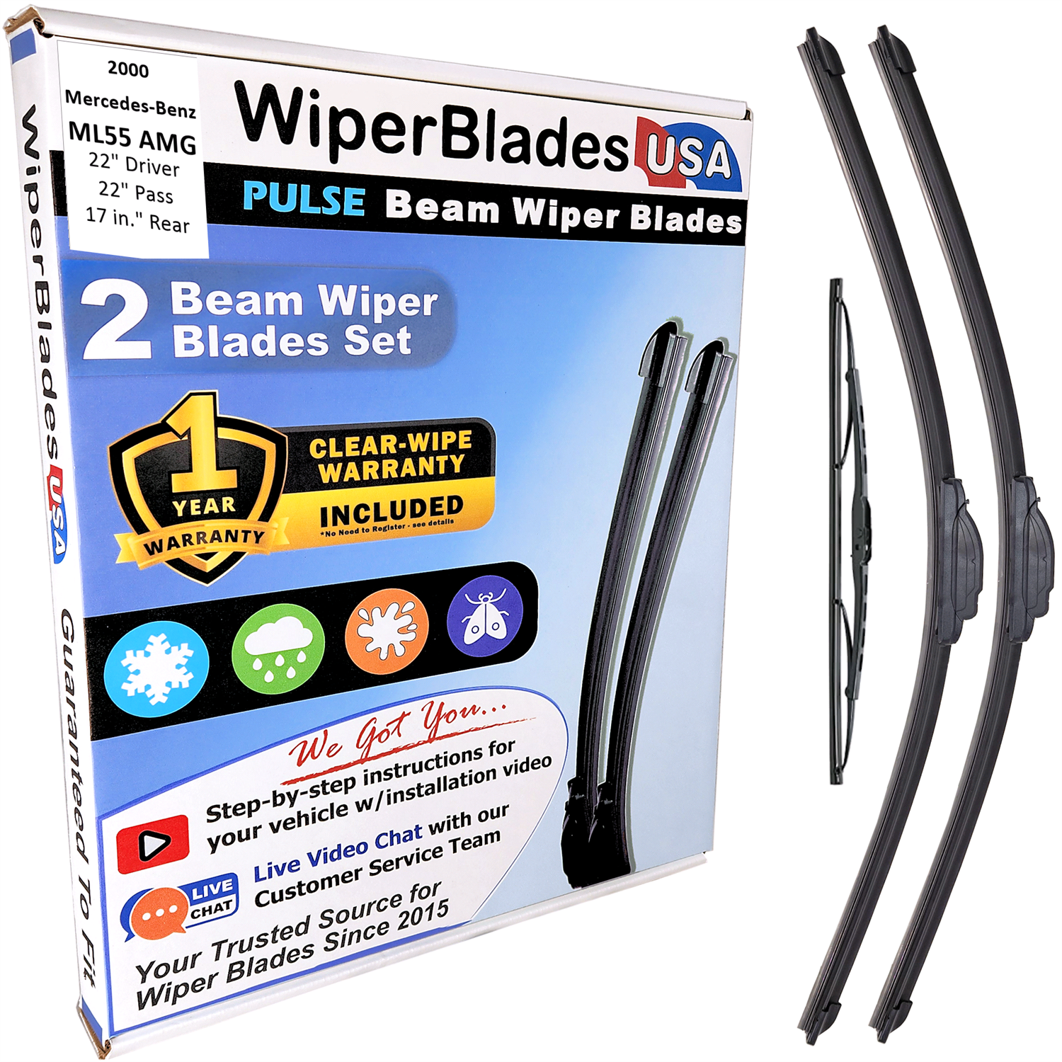Wiper blades set for 2000 Mercedes-Benz ML55 AMG including rear wiper with 1yr Warranty - WiperBladesUSA - Size Correct