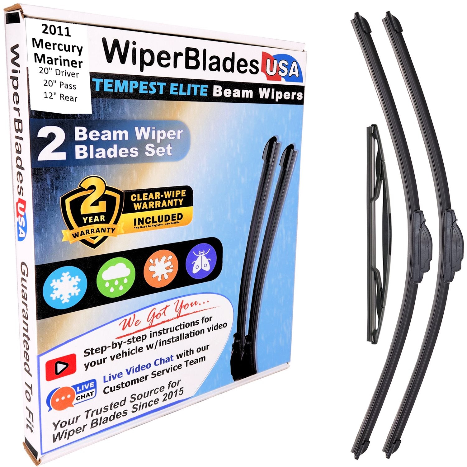 Wiper blades set for 2011 Mercury Mariner including rear wiper with 2yr Warranty - WiperBladesUSA - Size Correct
