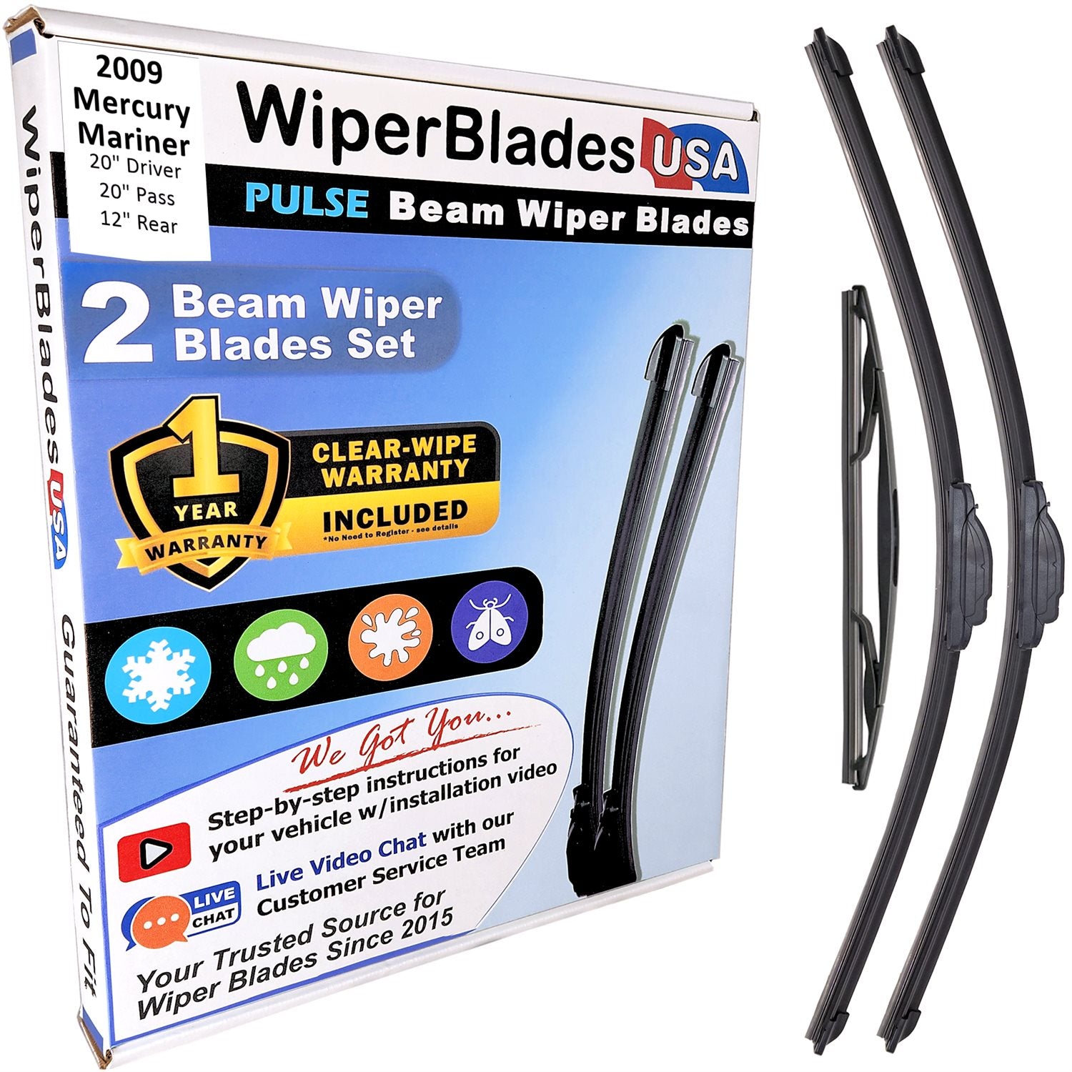 Wiper blades set for 2009 Mercury Mariner including rear wiper with 1yr Warranty - WiperBladesUSA - Size Correct