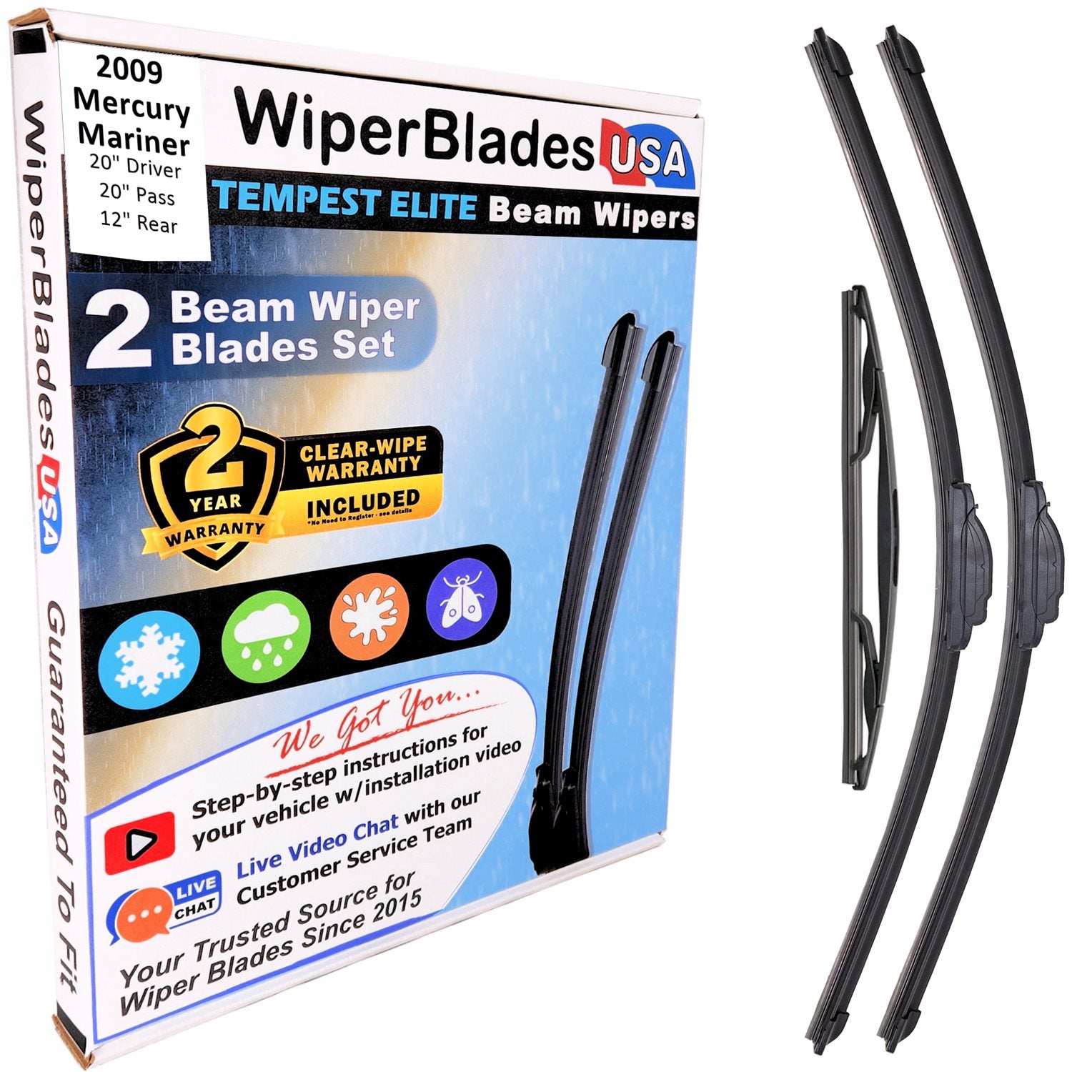 Wiper blades set for 2009 Mercury Mariner including rear wiper with 2yr Warranty - WiperBladesUSA - Size Correct