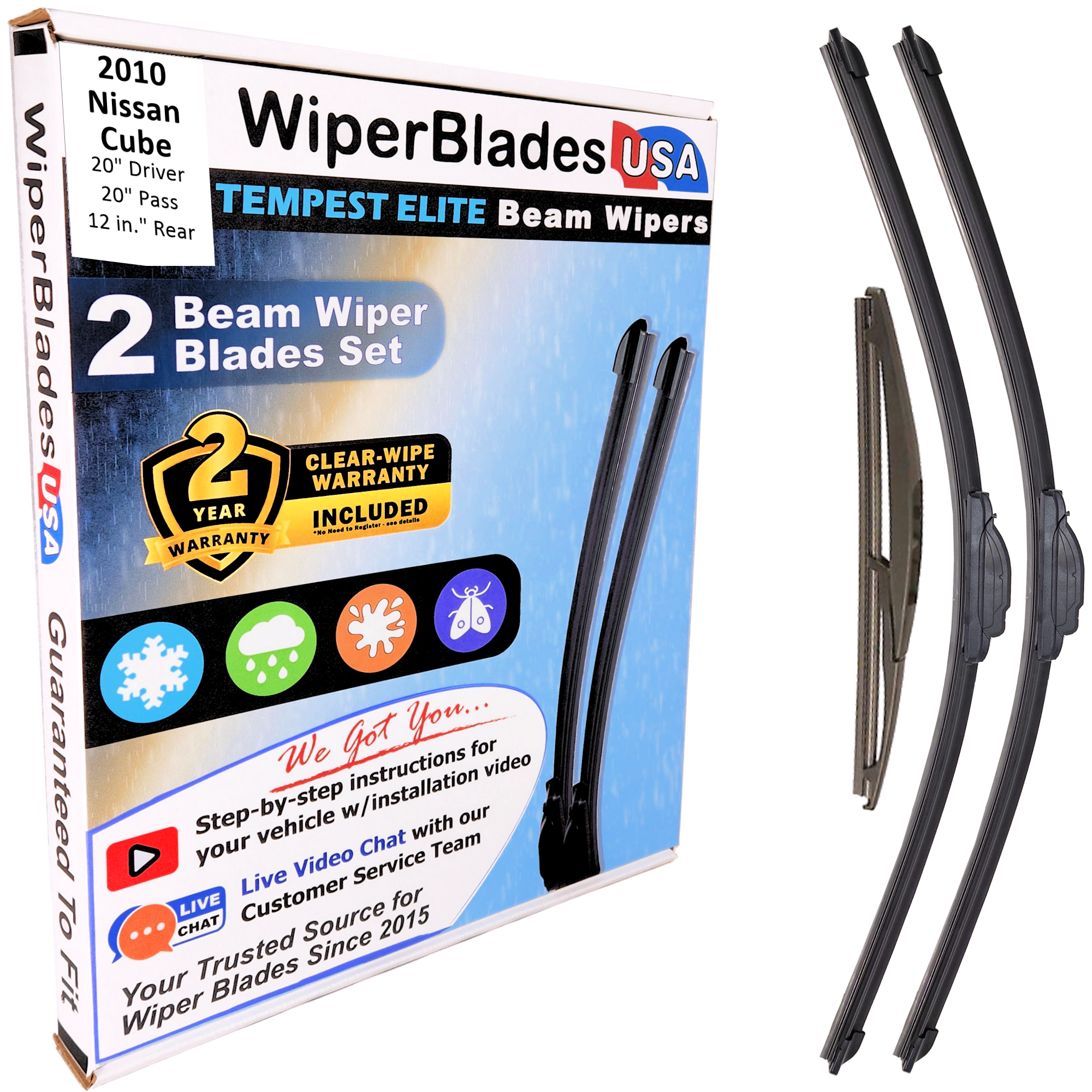 Wiper blades set for 2010 Nissan Cube including rear wiper with 2yr Warranty - WiperBladesUSA - Size Correct