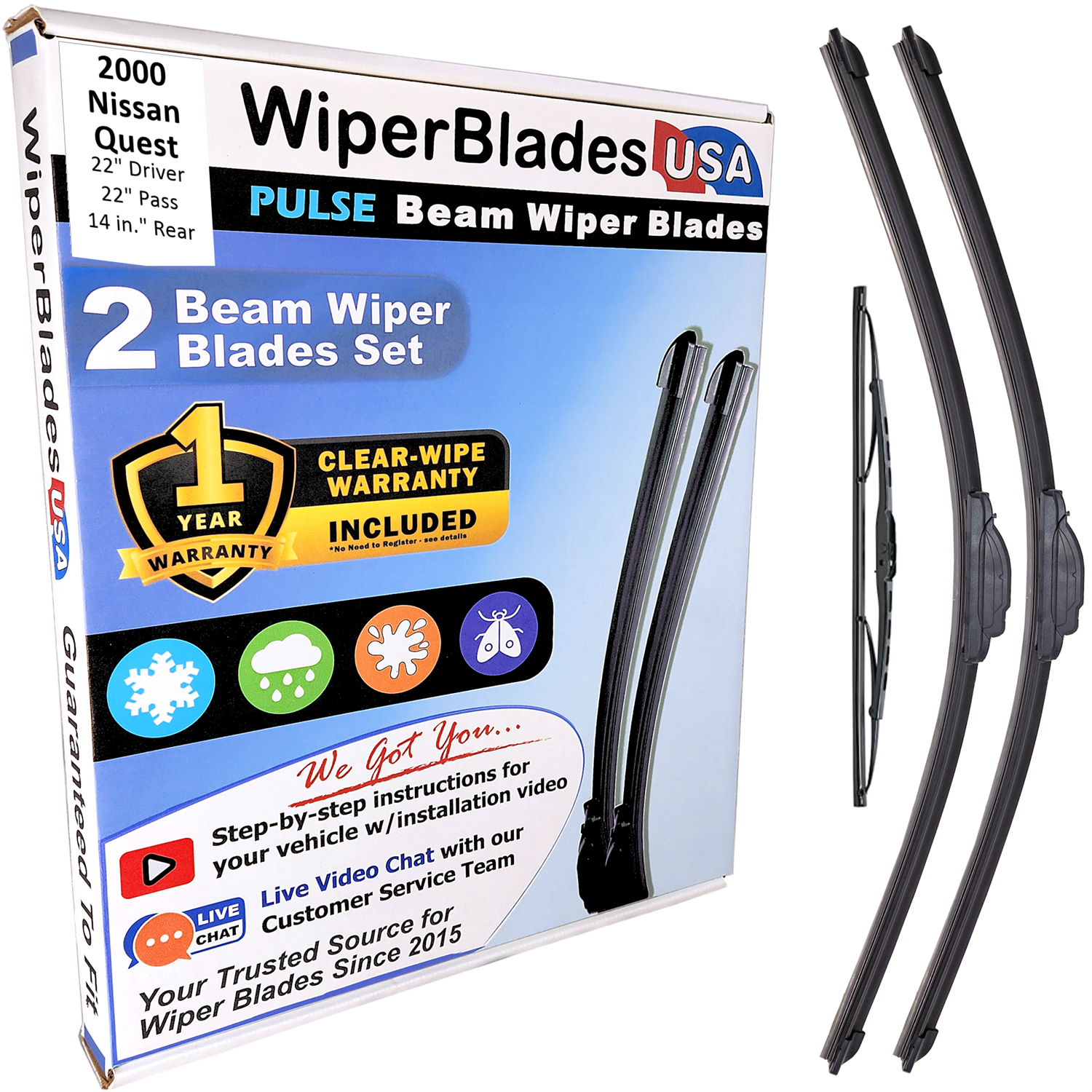Wiper blades set for 2000 Nissan Quest including rear wiper with 1yr Warranty - WiperBladesUSA - Size Correct