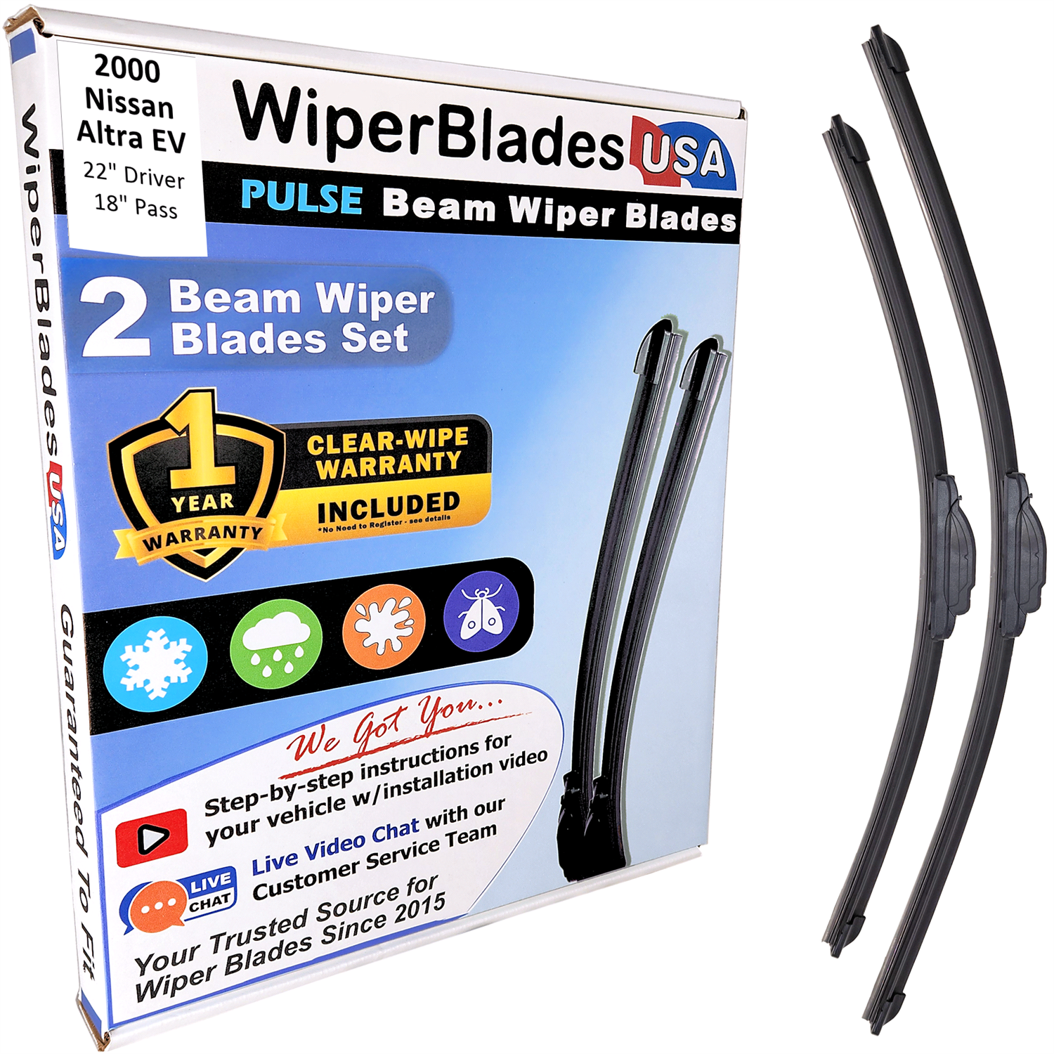 Wiper blades set for 2000 Nissan Altra EV with 1yr Warranty - WiperBladesUSA - Size Correct