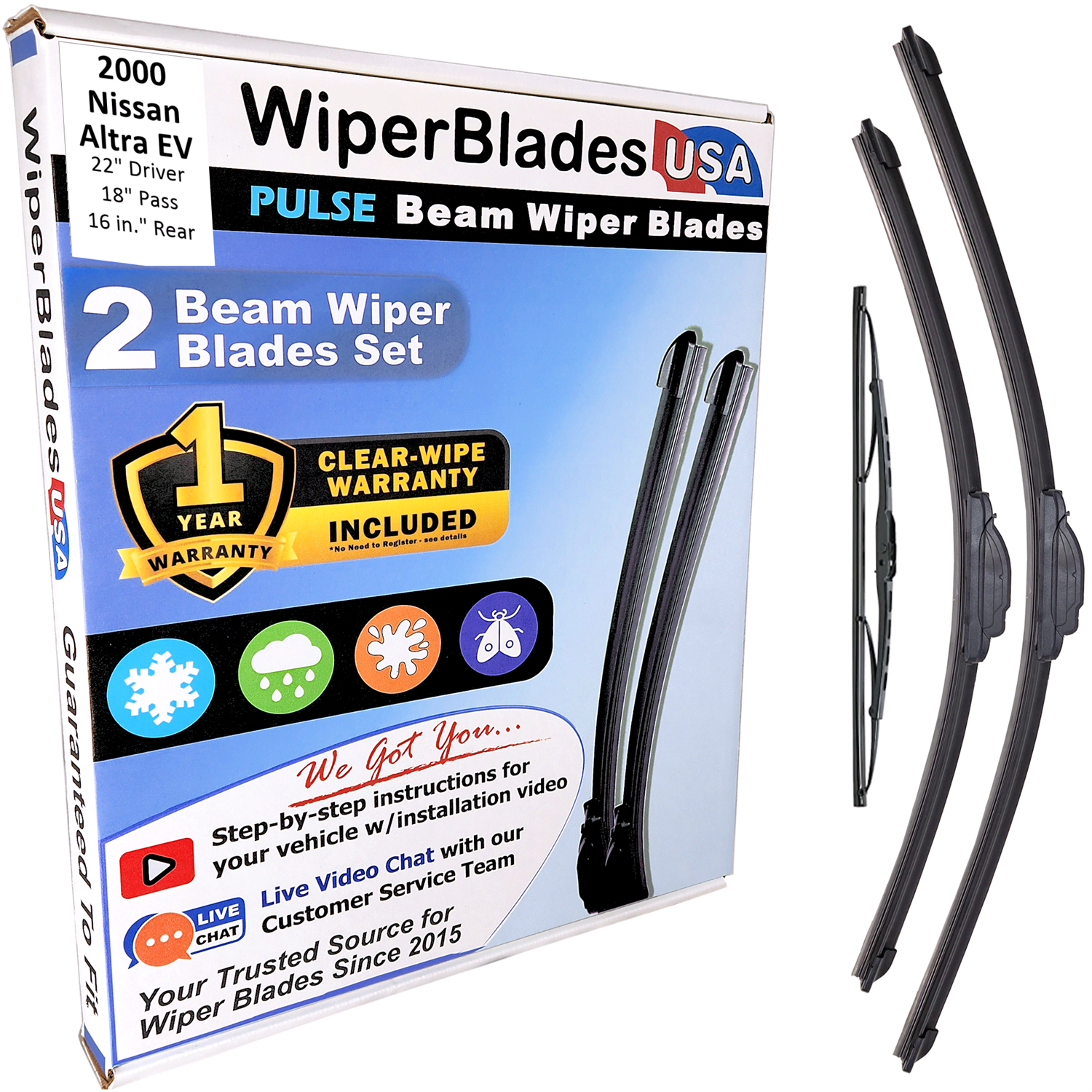 Wiper blades set for 2000 Nissan Altra EV including rear wiper with 1yr Warranty - WiperBladesUSA - Size Correct