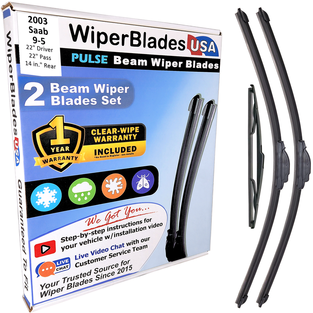 Wiper blades set for 2003 Saab 9-5 including rear wiper with 1yr Warranty - WiperBladesUSA - Size Correct