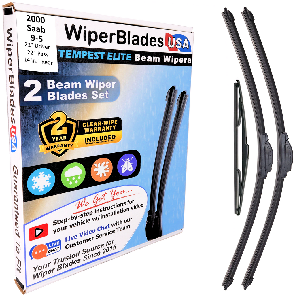 Wiper blades set for 2000 Saab 9-5 including rear wiper with 2yr Warranty - WiperBladesUSA - Size Correct