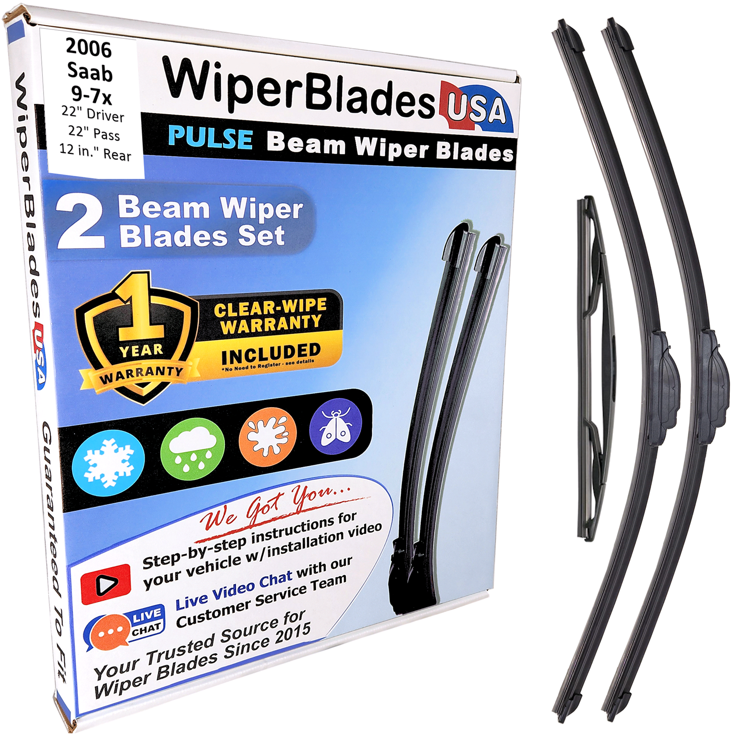 Wiper blades set for 2006 Saab 9-7x including rear wiper with 1yr Warranty - WiperBladesUSA - Size Correct