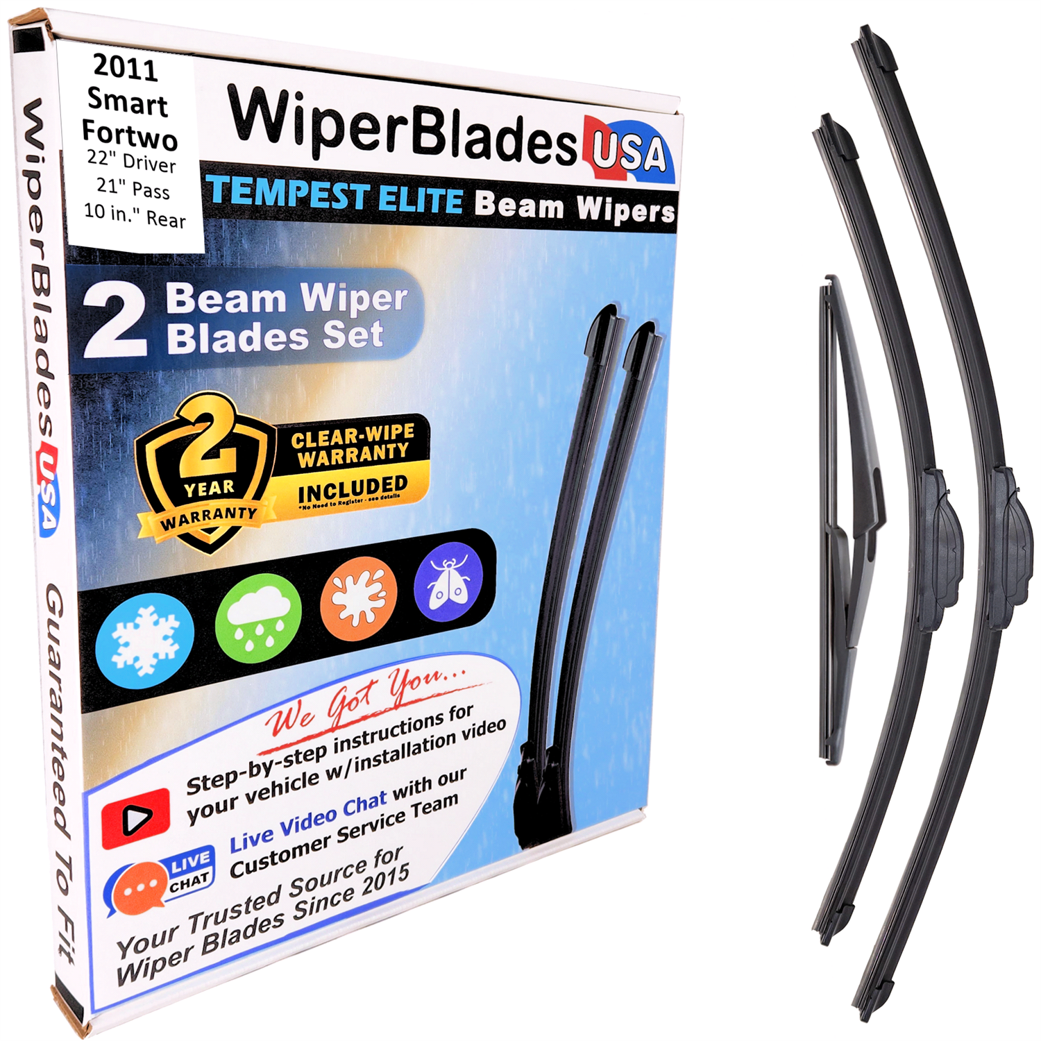 Wiper blades set for 2011 Smart Fortwo including rear wiper with 2yr Warranty - WiperBladesUSA - Size Correct