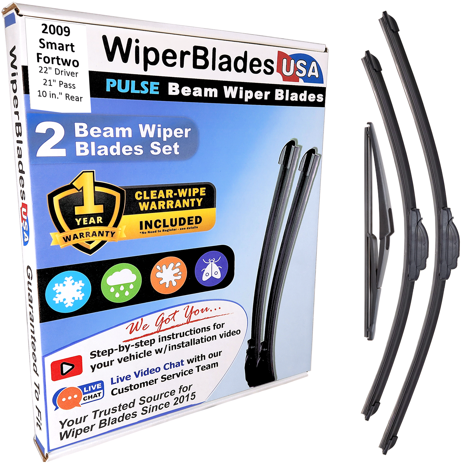 Wiper blades set for 2009 Smart Fortwo including rear wiper with 1yr Warranty - WiperBladesUSA - Size Correct