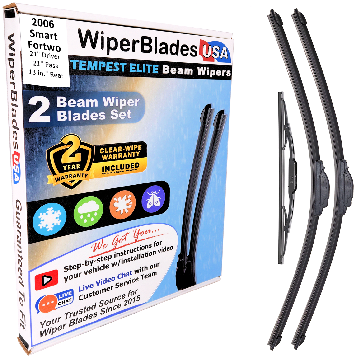 Wiper blades set for 2006 Smart Fortwo including rear wiper with 2yr Warranty - WiperBladesUSA - Size Correct