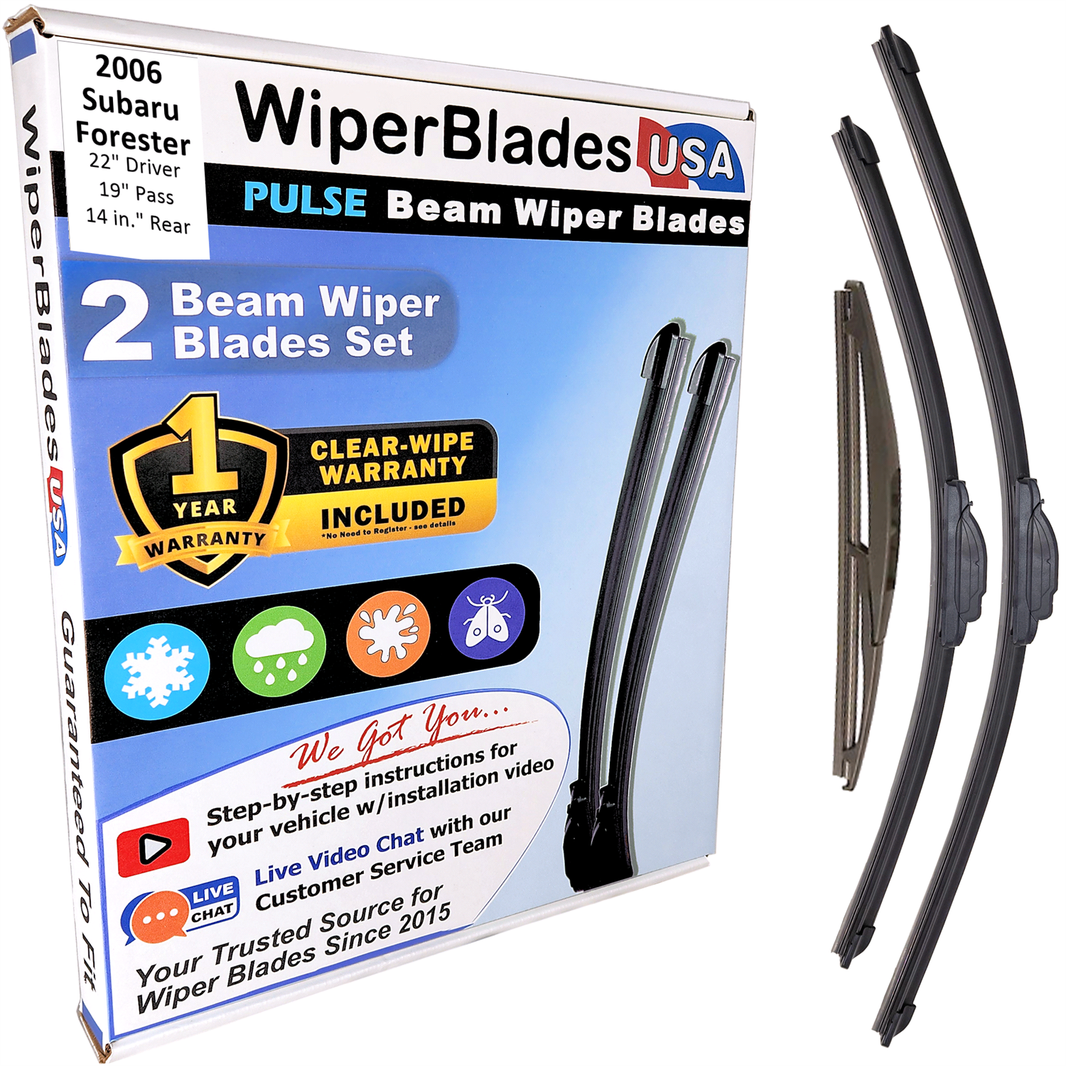 Wiper blades set for 2006 Subaru Forester including rear wiper with 1yr Warranty - WiperBladesUSA - Size Correct