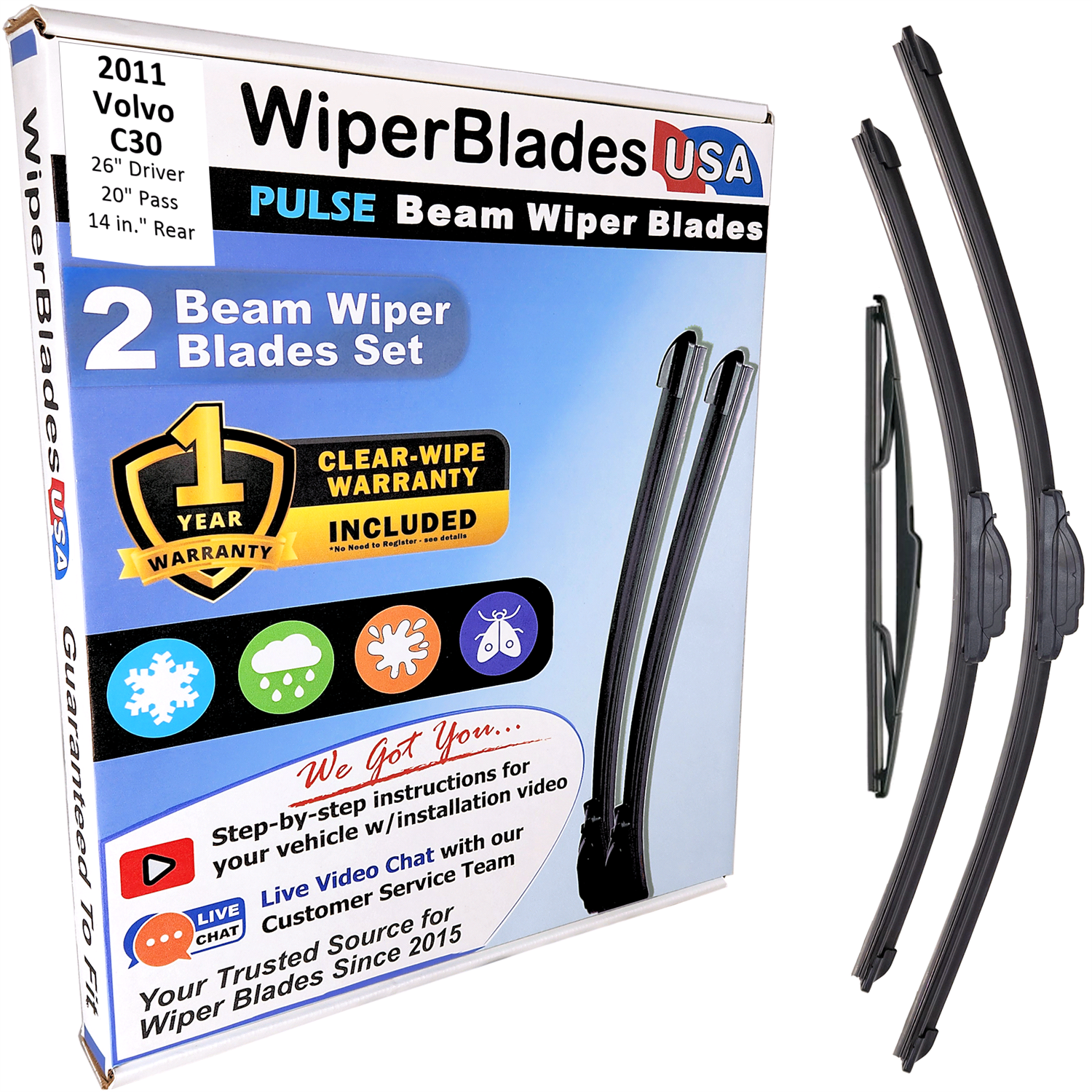 Wiper blades set for 2011 Volvo C30 including rear wiper with 1yr Warranty - WiperBladesUSA - Size Correct