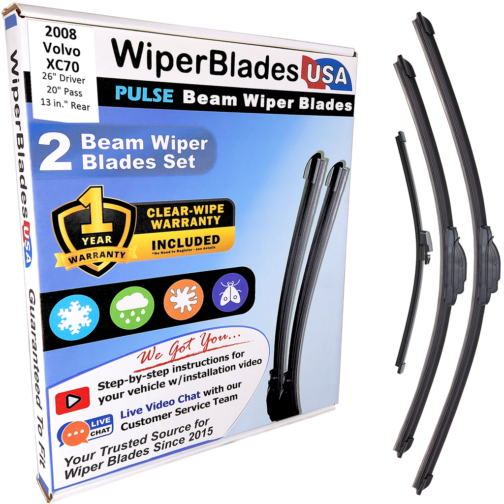 Wiper blades set for 2008 Volvo XC70 including rear wiper with 1yr Warranty - WiperBladesUSA - Size Correct