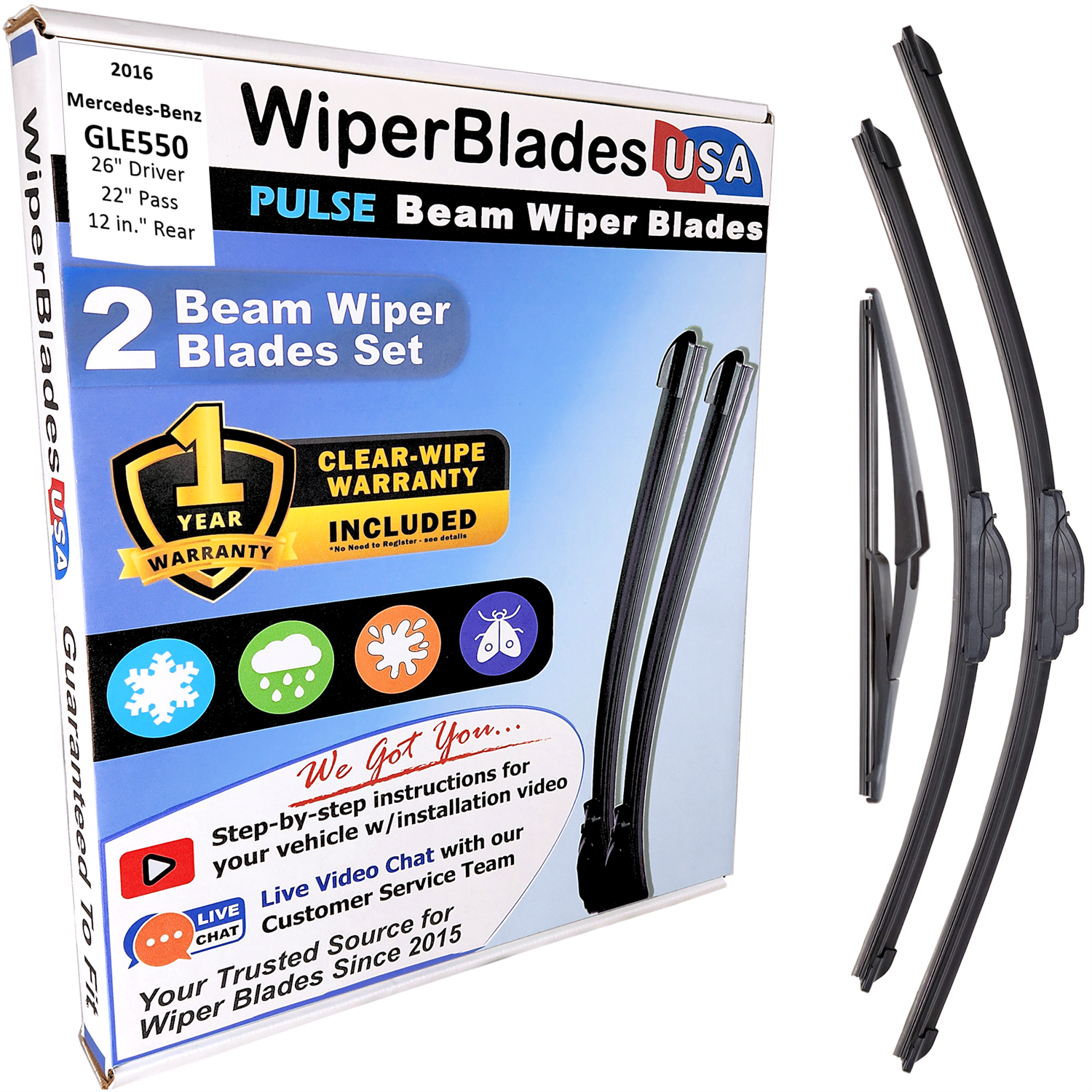 Wiper blades set for 2016 Mercedes-Benz GLE550 including rear wiper with 1yr Warranty - WiperBladesUSA - Size Correct