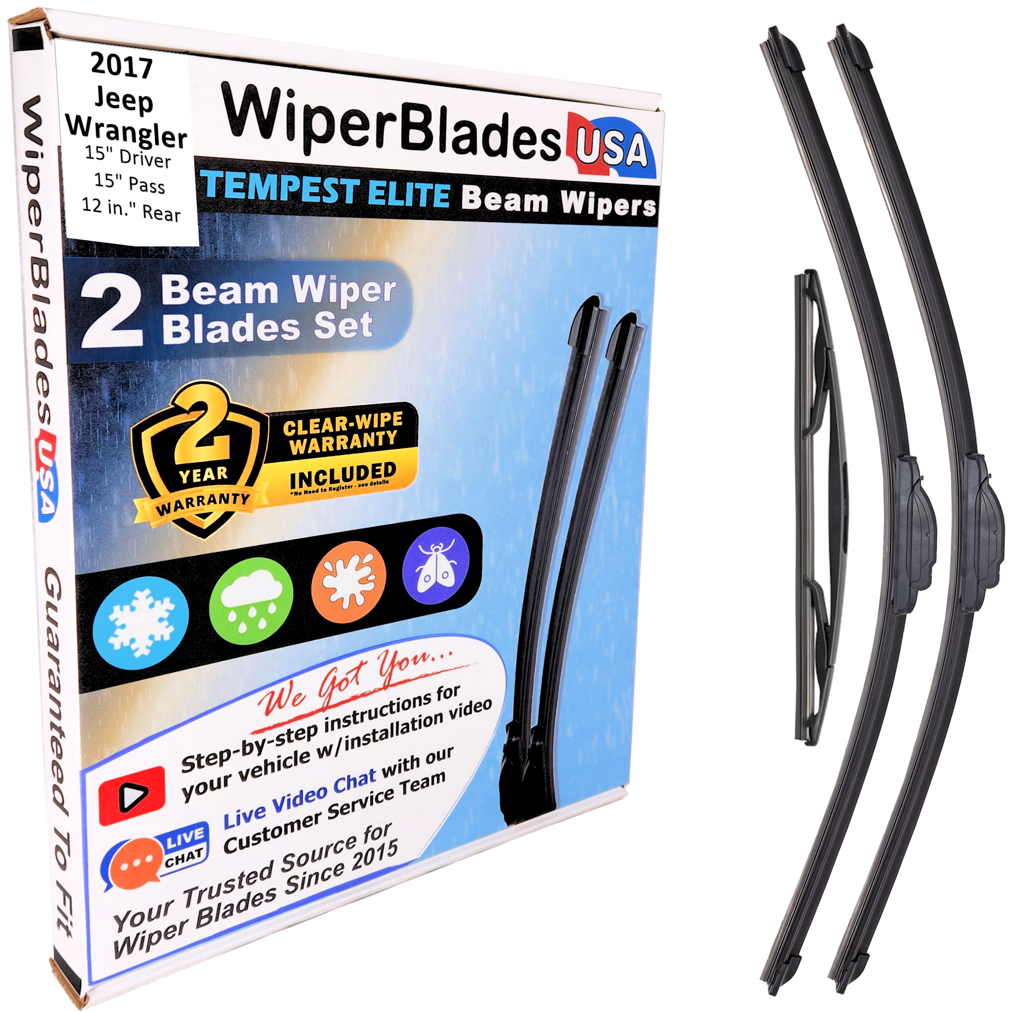 Wiper blades set for 2017 Jeep Wrangler including rear wiper with 2yr Warranty - WiperBladesUSA - Size Correct