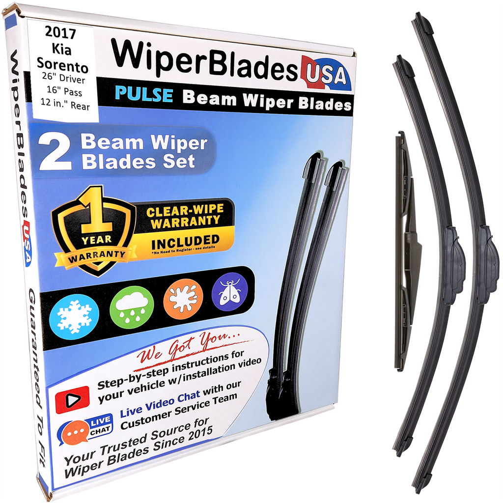 Wiper blades set for 2017 Kia Sorento including rear wiper with 1yr Warranty - WiperBladesUSA - Size Correct