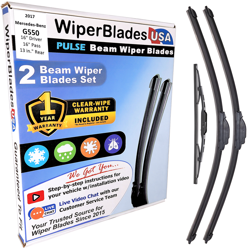 Wiper blades set for 2017 Mercedes-Benz G550 including rear wiper with 1yr Warranty - WiperBladesUSA - Size Correct