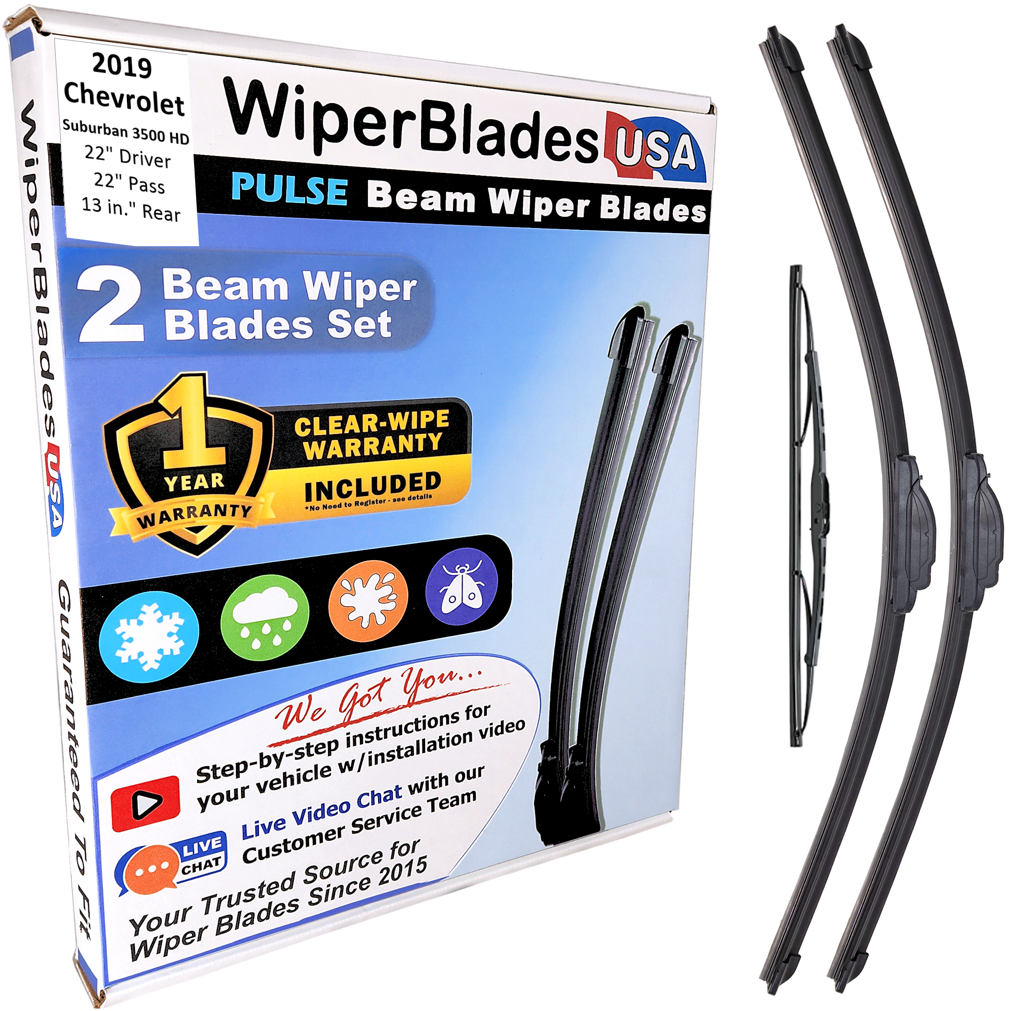 Wiper blades set for 2019 Chevrolet Suburban 3500 HD including rear wiper with 1yr Warranty - WiperBladesUSA - Size Correct