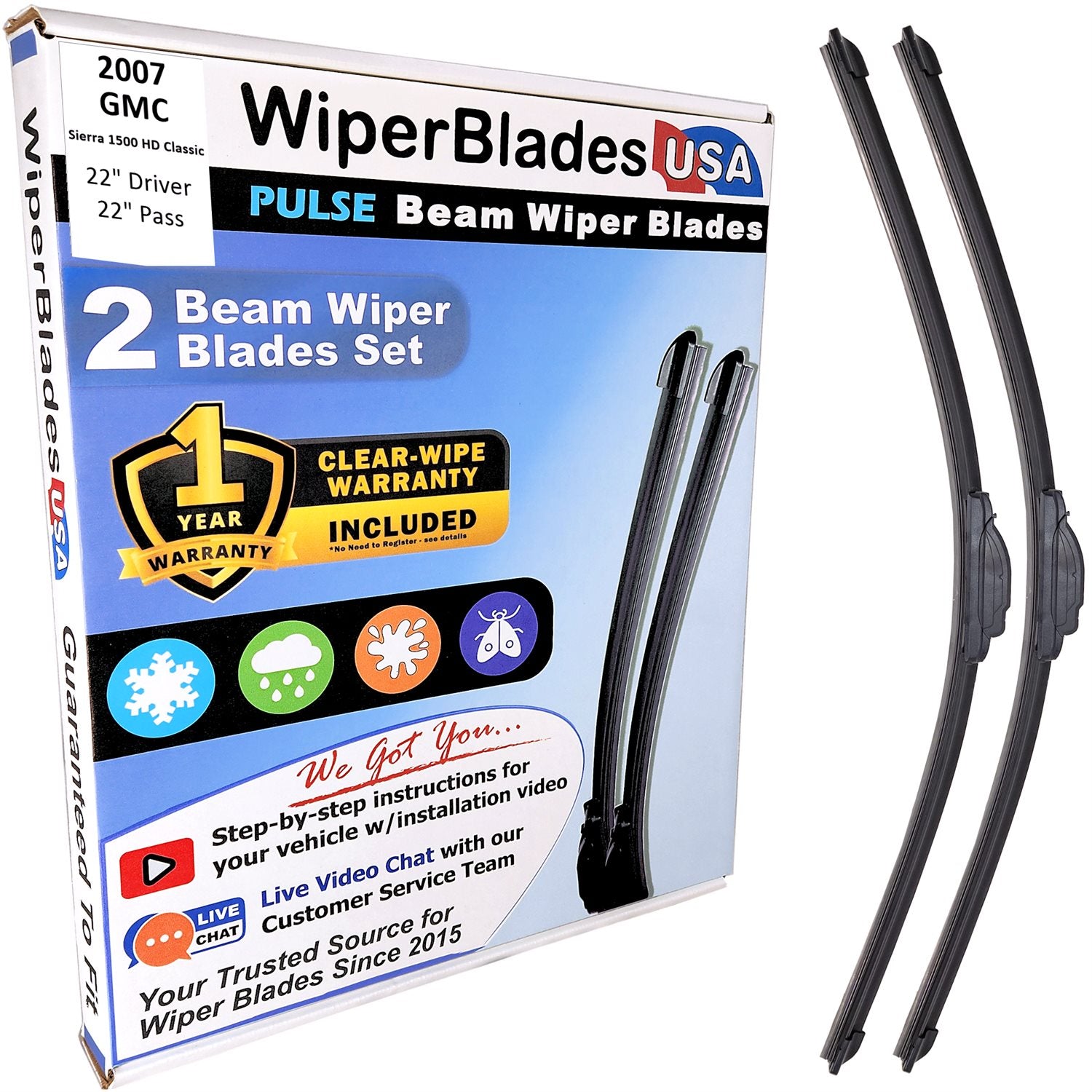 Wiper blades set for 2007 GMC Sierra 1500 HD Classic with 1yr Warranty - WiperBladesUSA - Size Correct