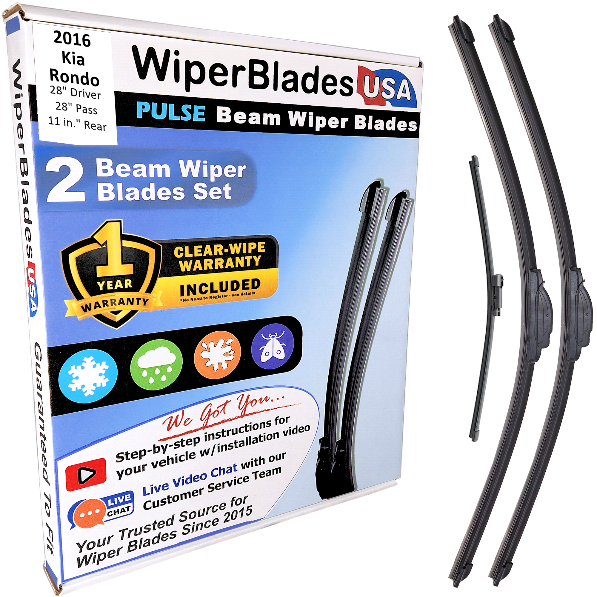 Wiper blades set for 2016 Kia Rondo including rear wiper with 1yr Warranty - WiperBladesUSA - Size Correct
