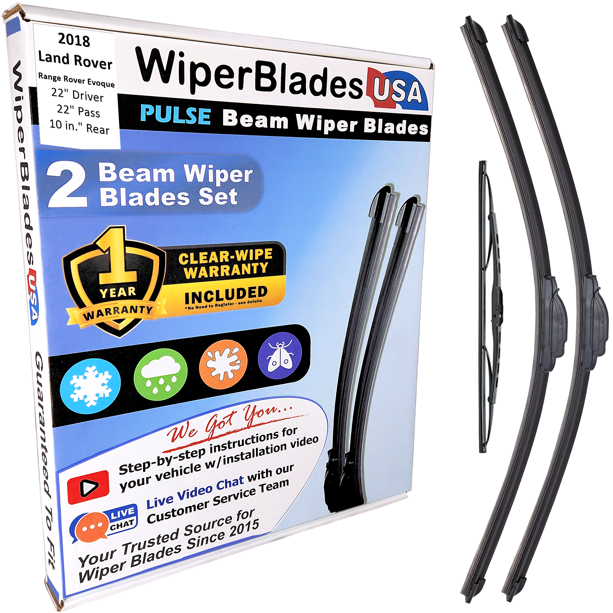 Wiper blades set for 2018 Land Rover Range Rover Evoque including rear wiper with 1yr Warranty - WiperBladesUSA - Size Correct