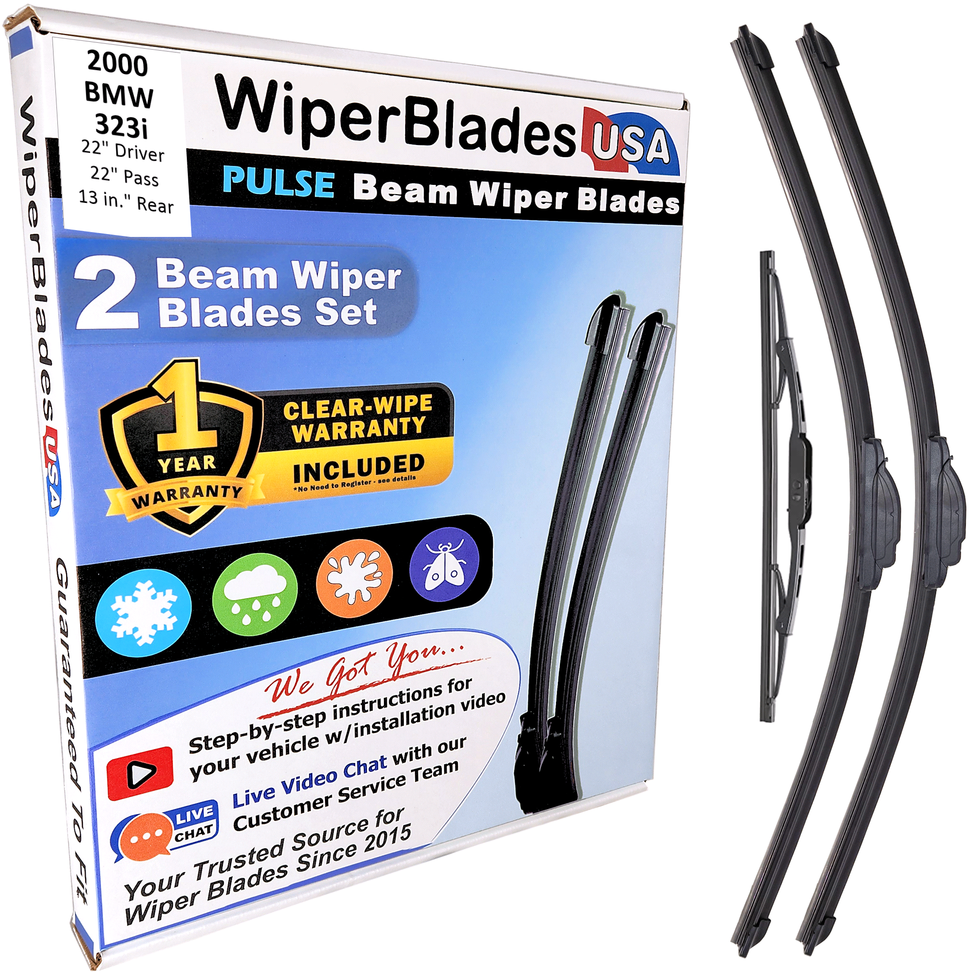 Wiper blades set for 2000 BMW 323i including rear wiper with 1yr Warranty - WiperBladesUSA - Size Correct