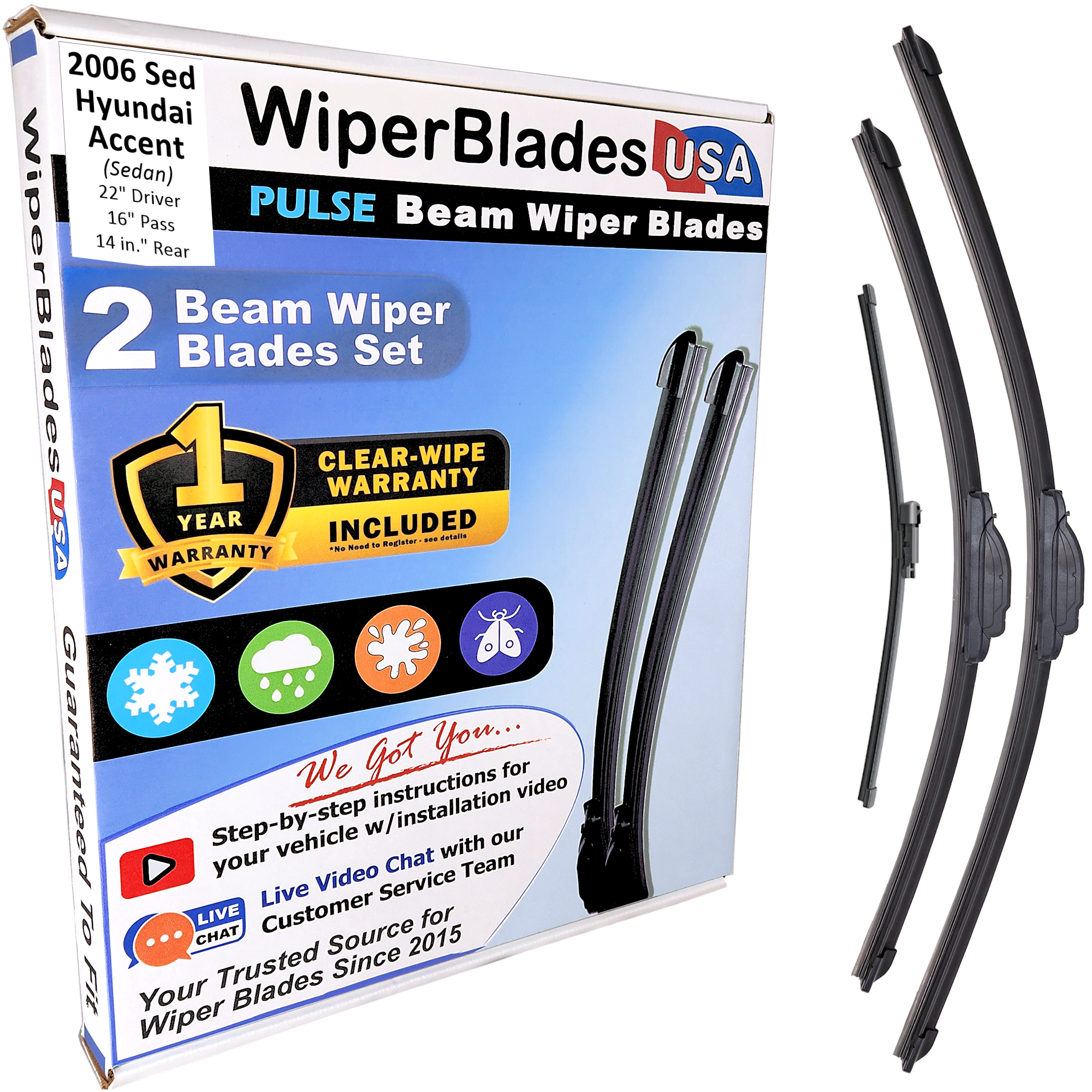 Wiper blades set for 2006 Hyundai Accent including rear wiper with 1yr Warranty - WiperBladesUSA - Size Correct